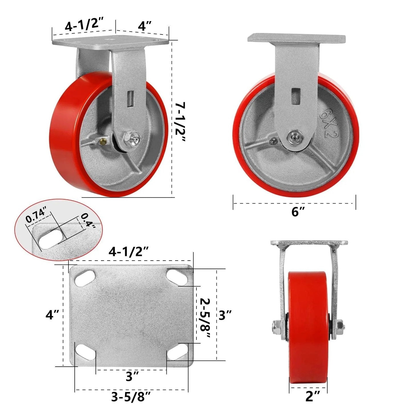 6 Inch Heavy Duty Caster Set Of 4 With 4800 Lb Capacity Polyurethane Wheels dimensions diagram with swivel and rigid caster views
