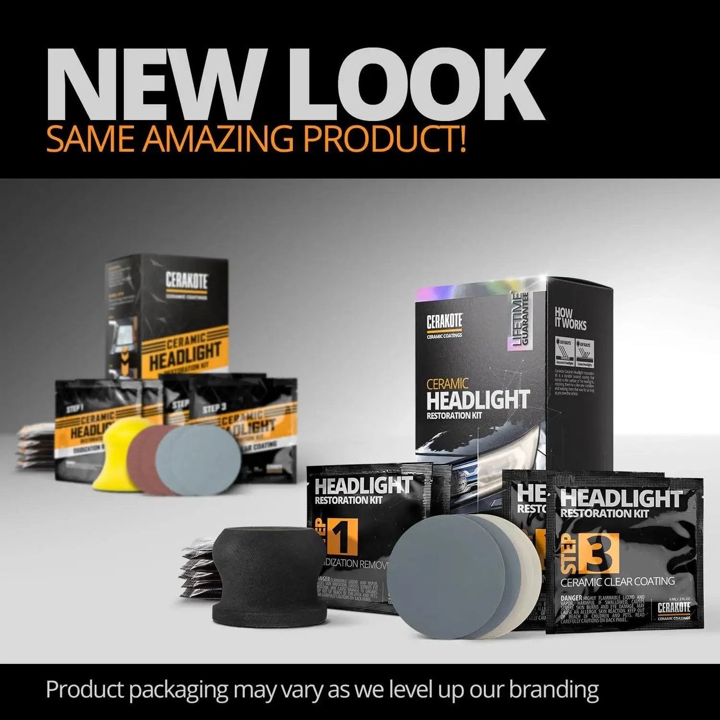 Headlight Restoration Kit With Ceramic Coating Wipes For Clear Lasting Results, showing contents and packaging.