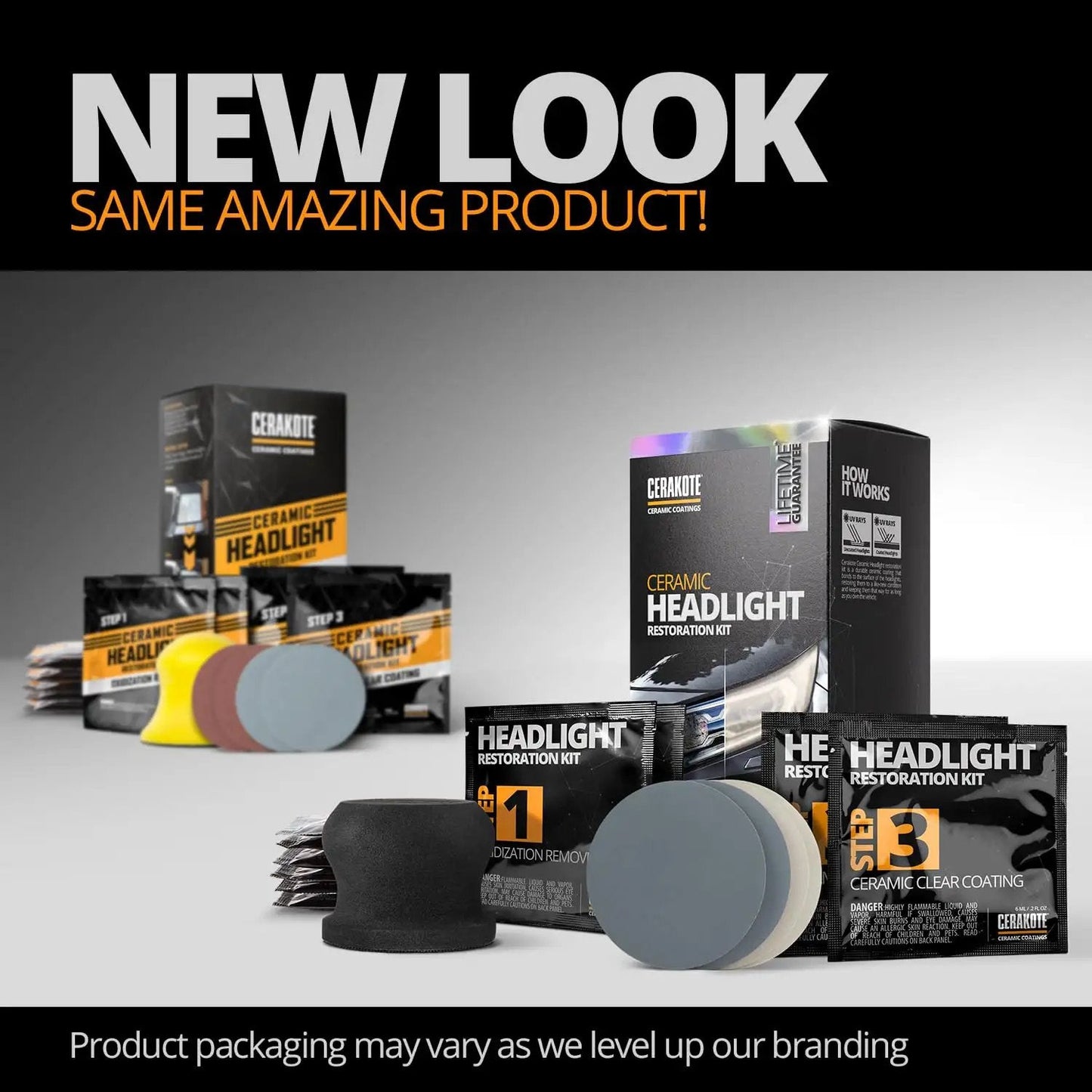 Long Lasting Ceramic Headlight Restoration Kit That Keeps Your Car Lights Crystal Clear No Power Tools Needed Includes 8 Oxidation Removing Wipes 1 Sanding Kit And 2 Ceramic Coating Wipes CERAKOTE packaging and contents display.