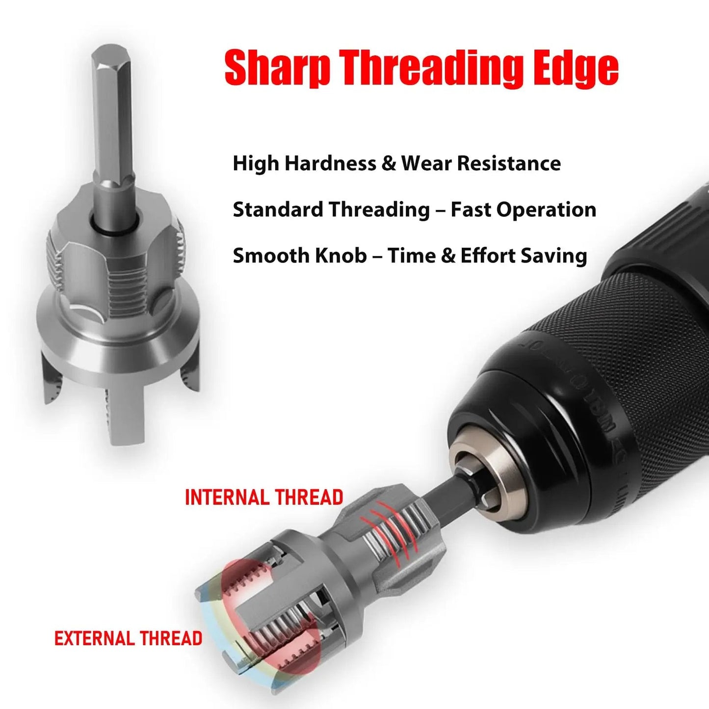 Pro Grade PPR Pipe Threading and Reaming Tool Kit for Plumbing Projects, Electric Drill Style Threader shown in detail, highlighting threading edge and smooth knob for PVC pipe.