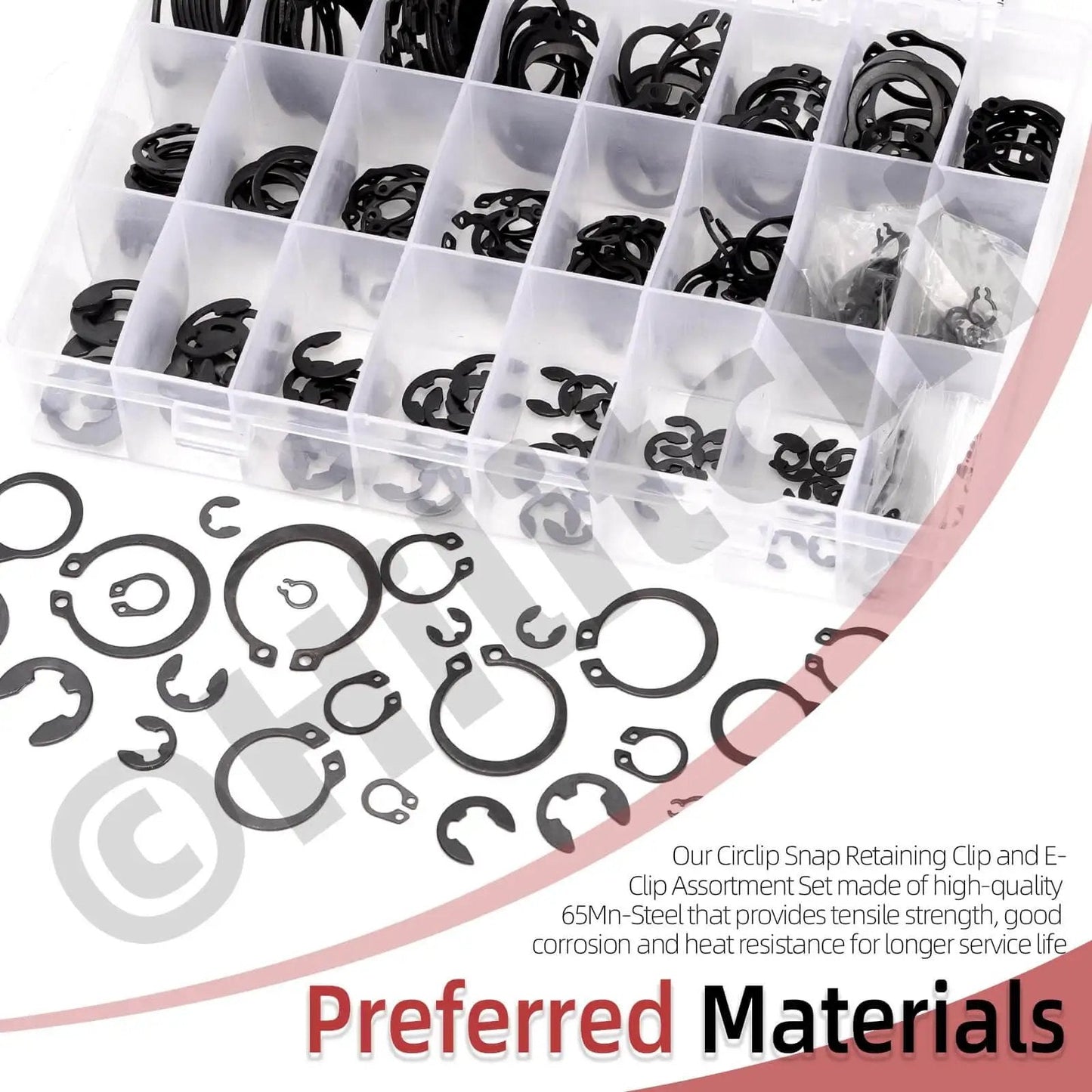 312 Pcs Snap Rings Kit With C Clips And E Clips Manganese Steel Retaining Ring Set M4 To M28 And 1.5 To 10mm shown in box