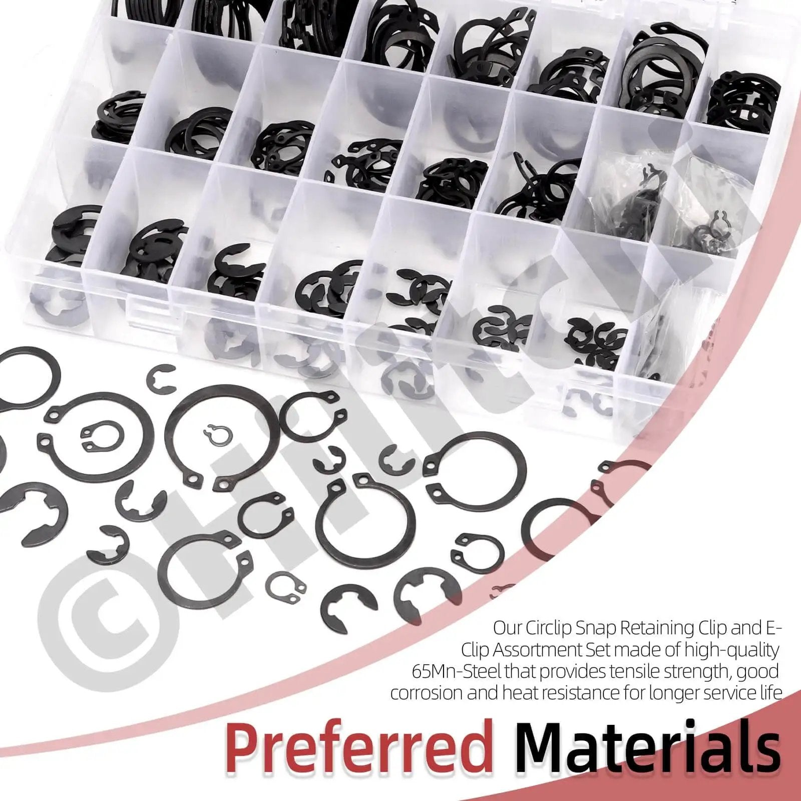 312 Pcs Snap Rings Kit With C Clips And E Clips Manganese Steel Retaining Ring Set M4 To M28 And 1.5 To 10mm shown in box