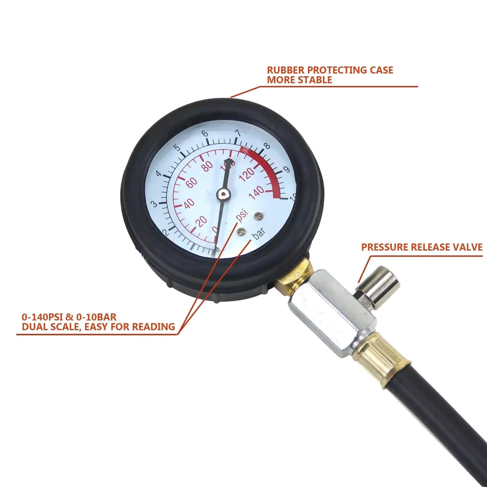 Pro Grade 0 To 140 PSI Oil Pressure Tester Gauge close-up, dual-scale display with rubber casing and pressure release valve for diagnostics.