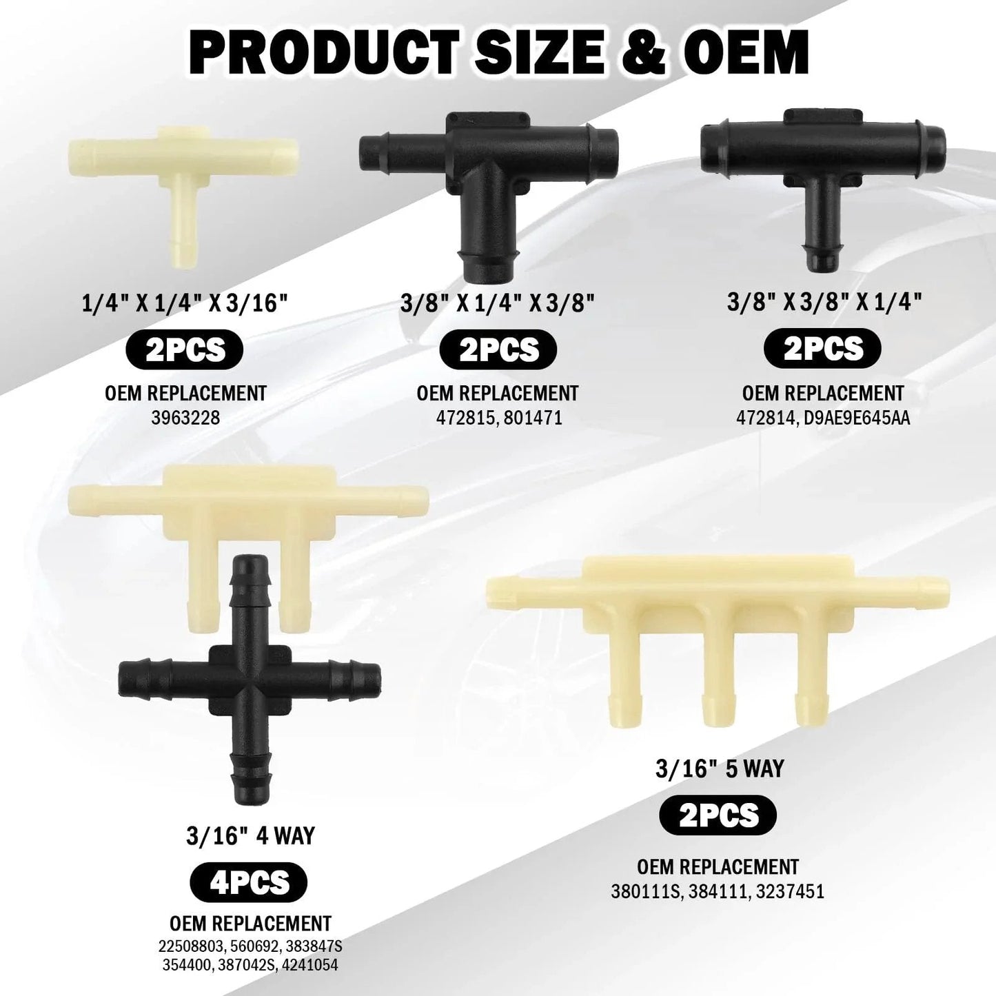 Image showing different sizes of connectors in the 91 Pcs Car Vacuum Line Connectors Kit with 32 Sizes And Heat Resistant Tubing.
