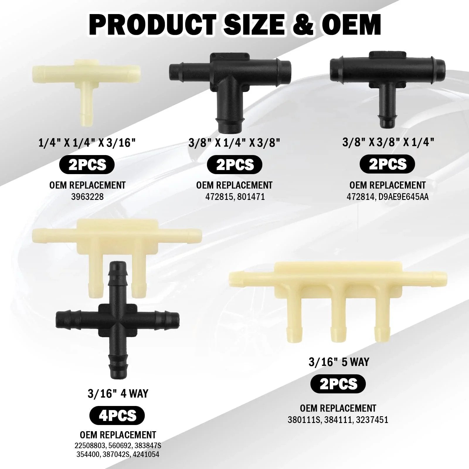 Image showing different sizes of connectors in the 91 Pcs Car Vacuum Line Connectors Kit with 32 Sizes And Heat Resistant Tubing.