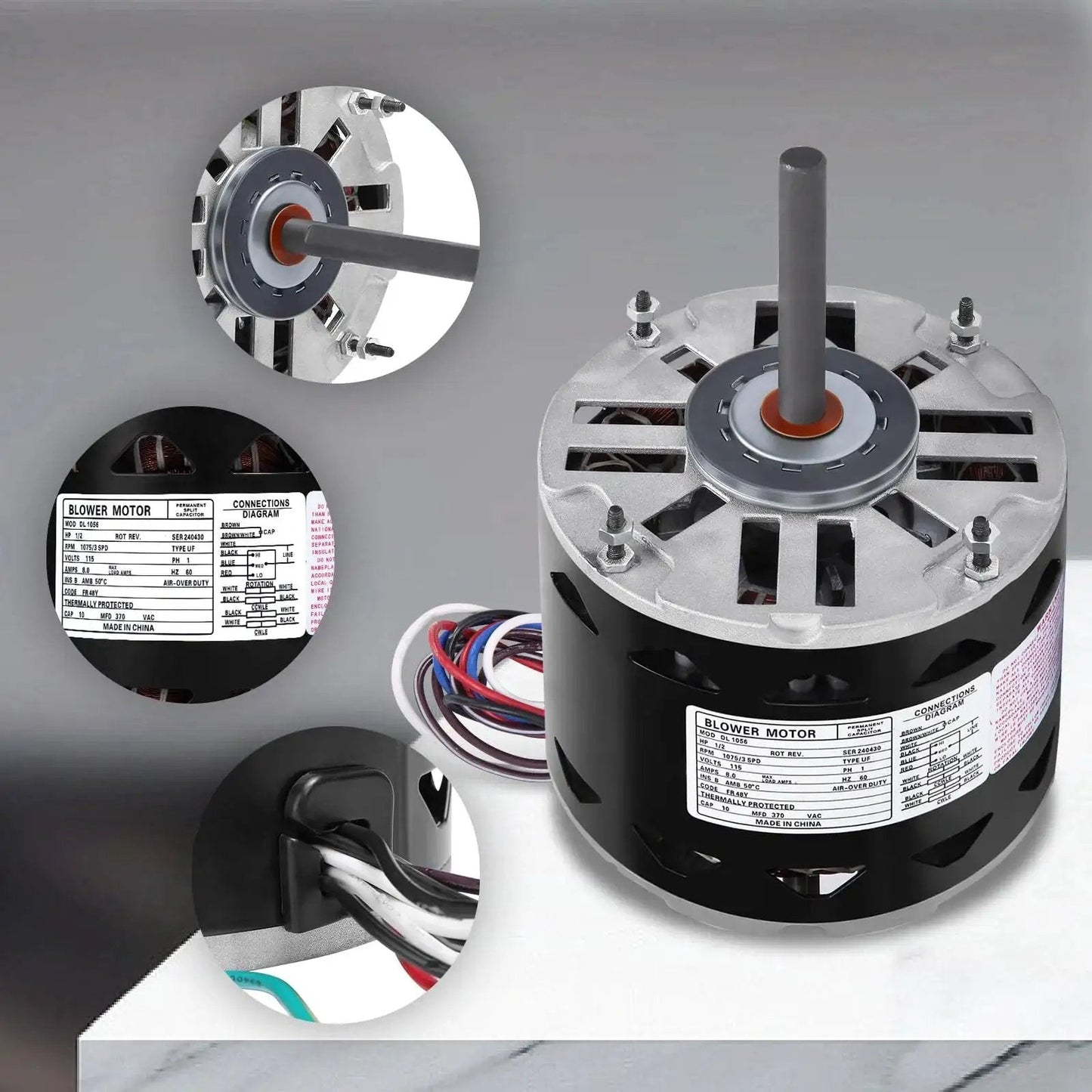 Direct Drive Blower Motor With Sleeve Bearing 0.5 HP, 1075 RPM, 115 Volt, 8 Amps, 48 Frame, 3 Speed, label and connectors shown