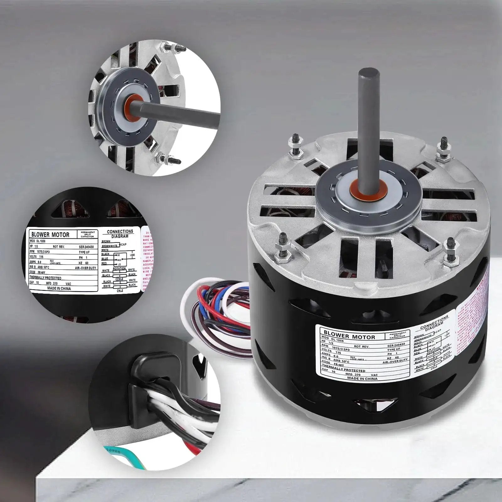 Direct Drive Blower Motor With Sleeve Bearing 0.5 HP, 1075 RPM, 115 Volt, 8 Amps, 48 Frame, 3 Speed, label and connectors shown