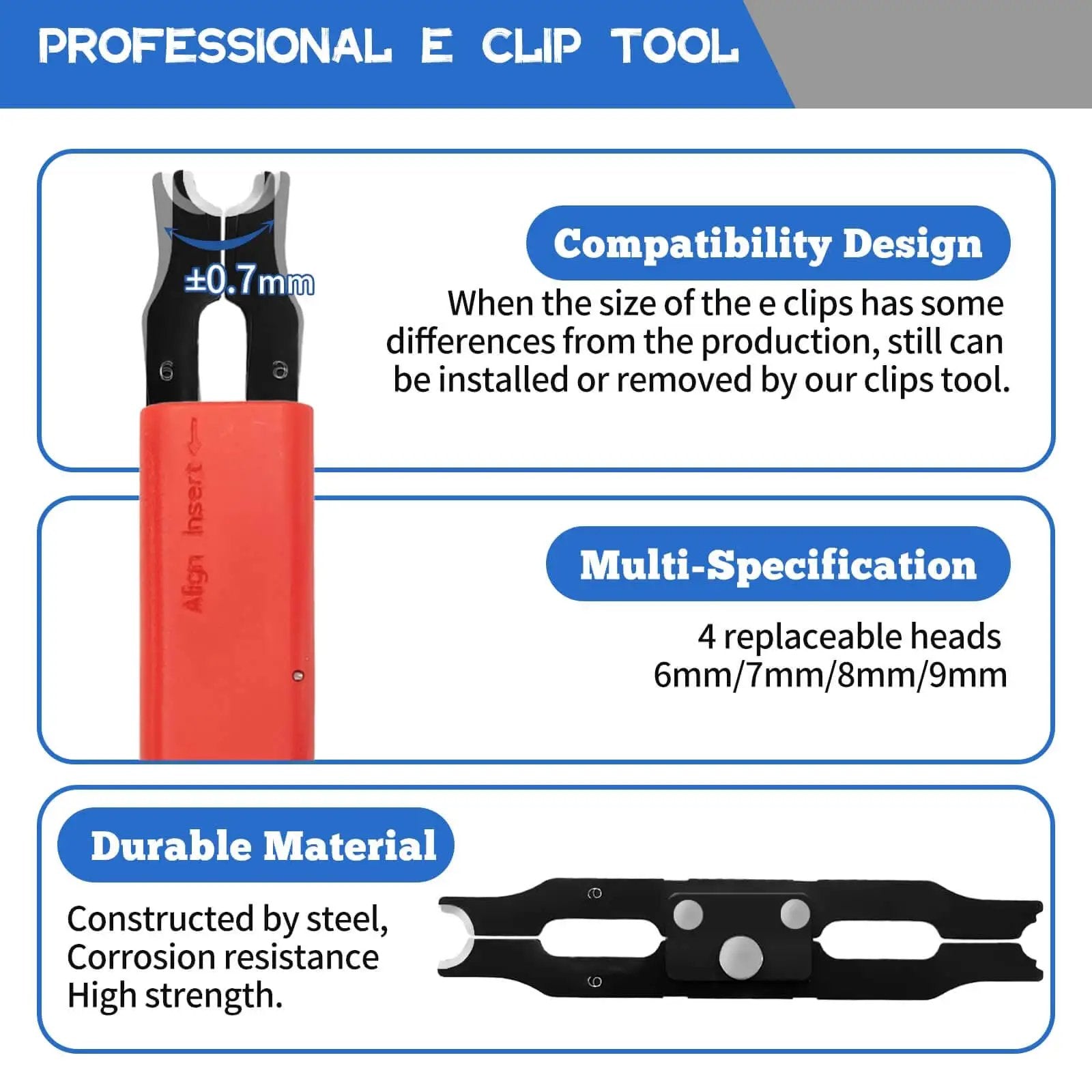 Pro Grade E Clip Snap Ring Kit With Removal And Installation Tool Four Size Set 6 mm 7 mm 8 mm 9 mm Includes 40 Retaining Rings For Bearing Fixation Easy Install And Removal Perfect For DIY And Shop Projects with tool and specifications