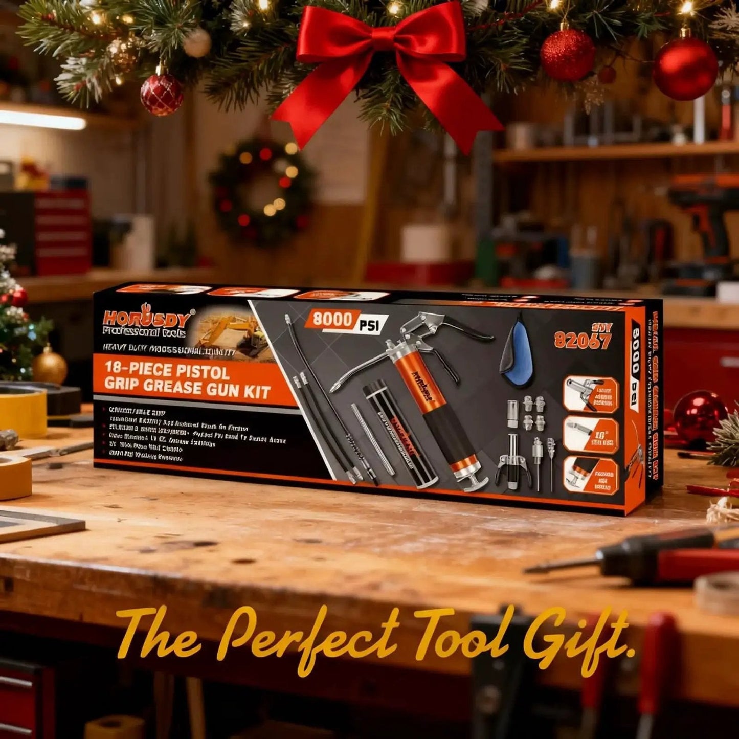 Beefed Up 8000 PSI Grease Gun Kit With 14oz Grease displayed in workshop with Christmas decor.