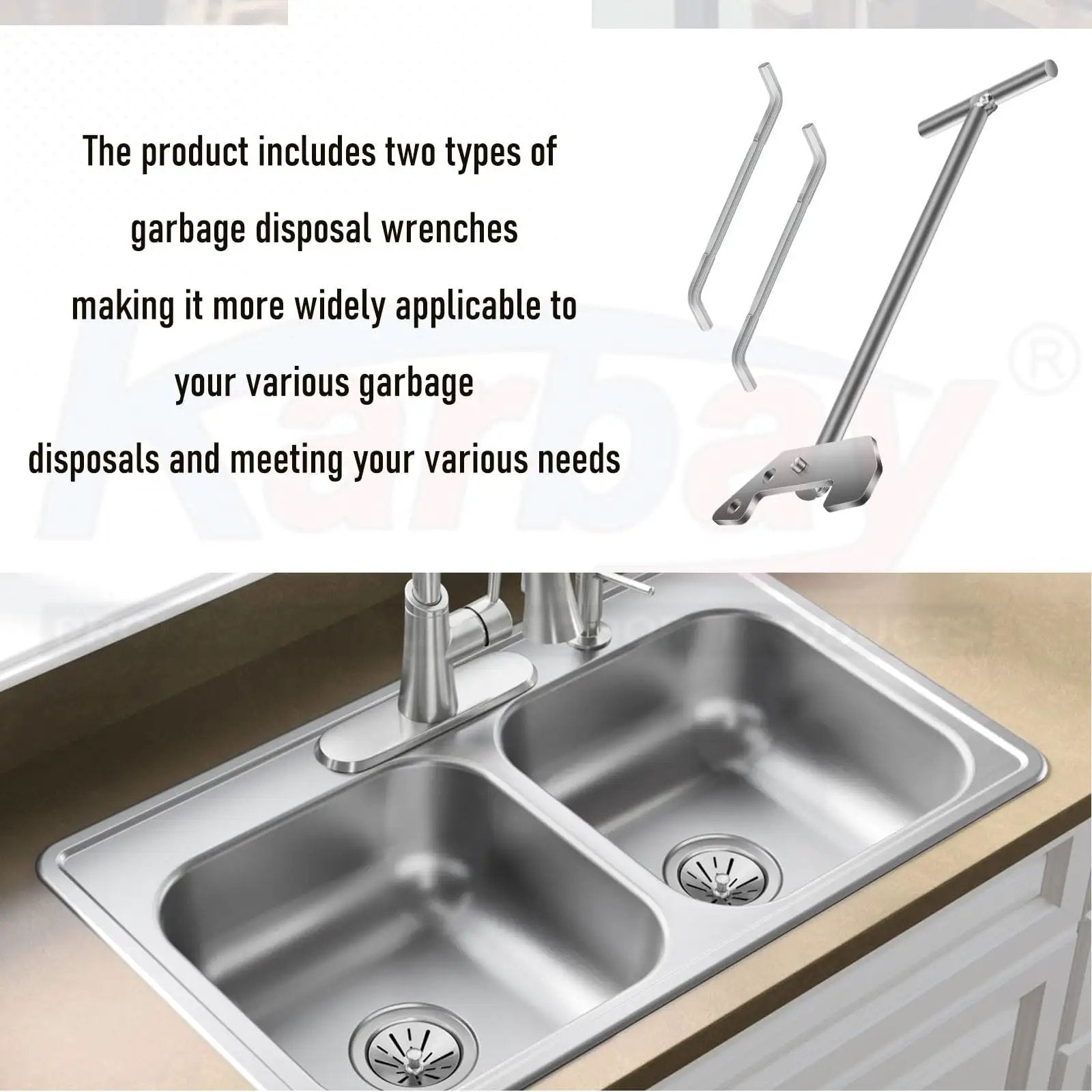 Universal Garbage Disposal Unjamming Wrench WRN00 for Waste King Moen and SinkErator Disposals, dual wrenches next to sink.