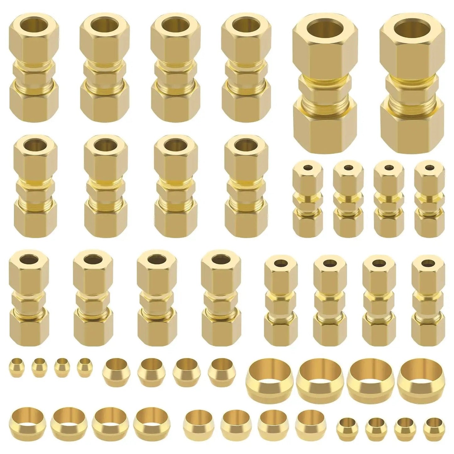 Brass Compression Tube Fittings Kit 46 Piece Set for DIY Plumbing Projects Includes 1/8in 3/16in 1/4in 5/16in 3/8in and 1/2in OD Unions Sleeves Ferrules