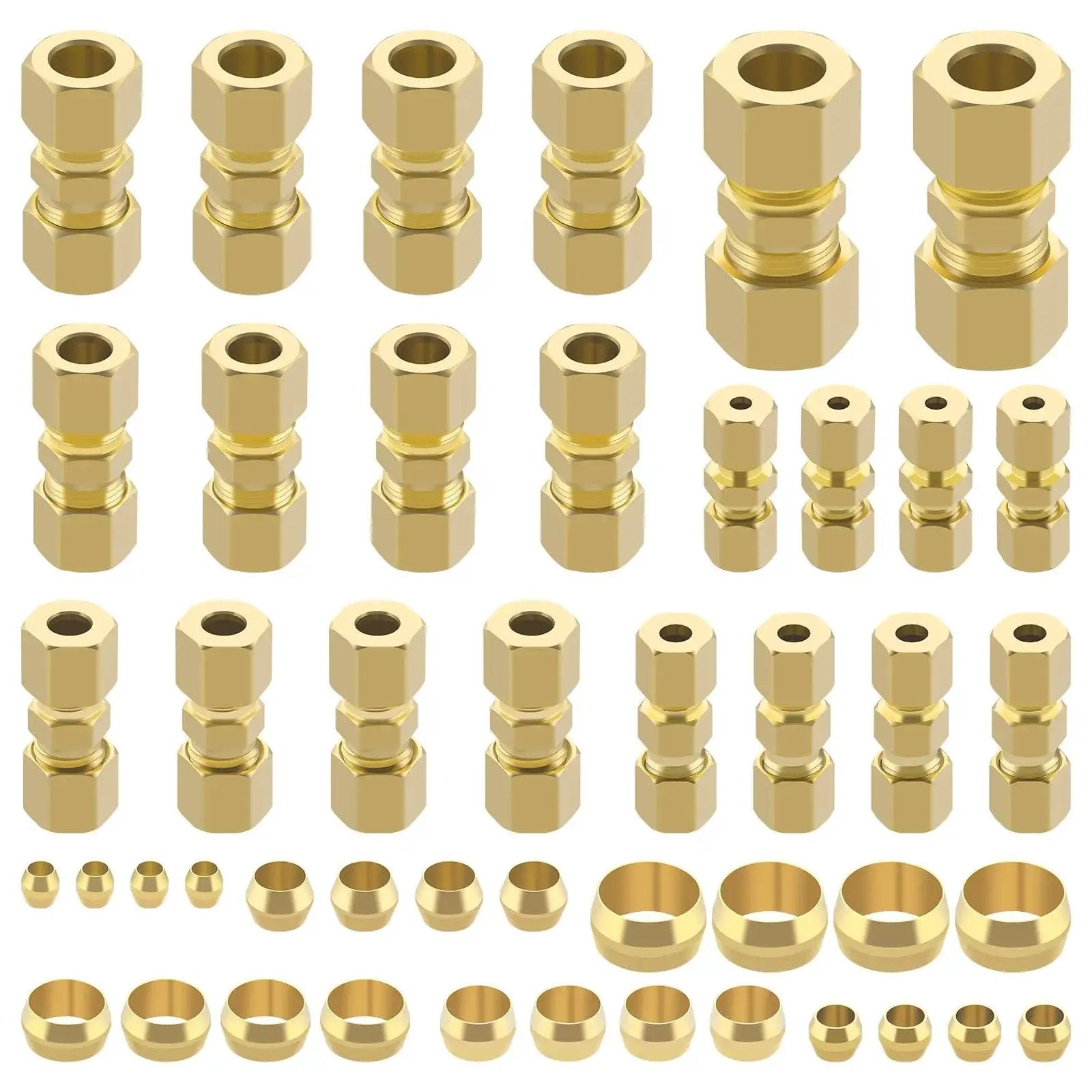 Brass Compression Tube Fittings Kit 46 Piece Set for DIY Plumbing Projects Includes 1/8in 3/16in 1/4in 5/16in 3/8in and 1/2in OD Unions Sleeves Ferrules