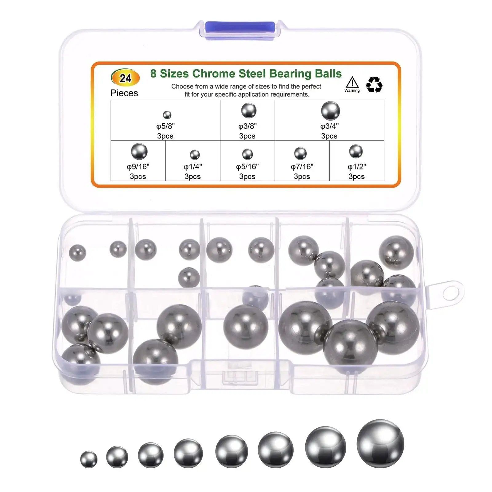 Chrome Steel Bearing Balls Set Of 24 In Eight Sizes From One Quarter Inch To Three Quarters Inch For Precision Bearings And Machinery