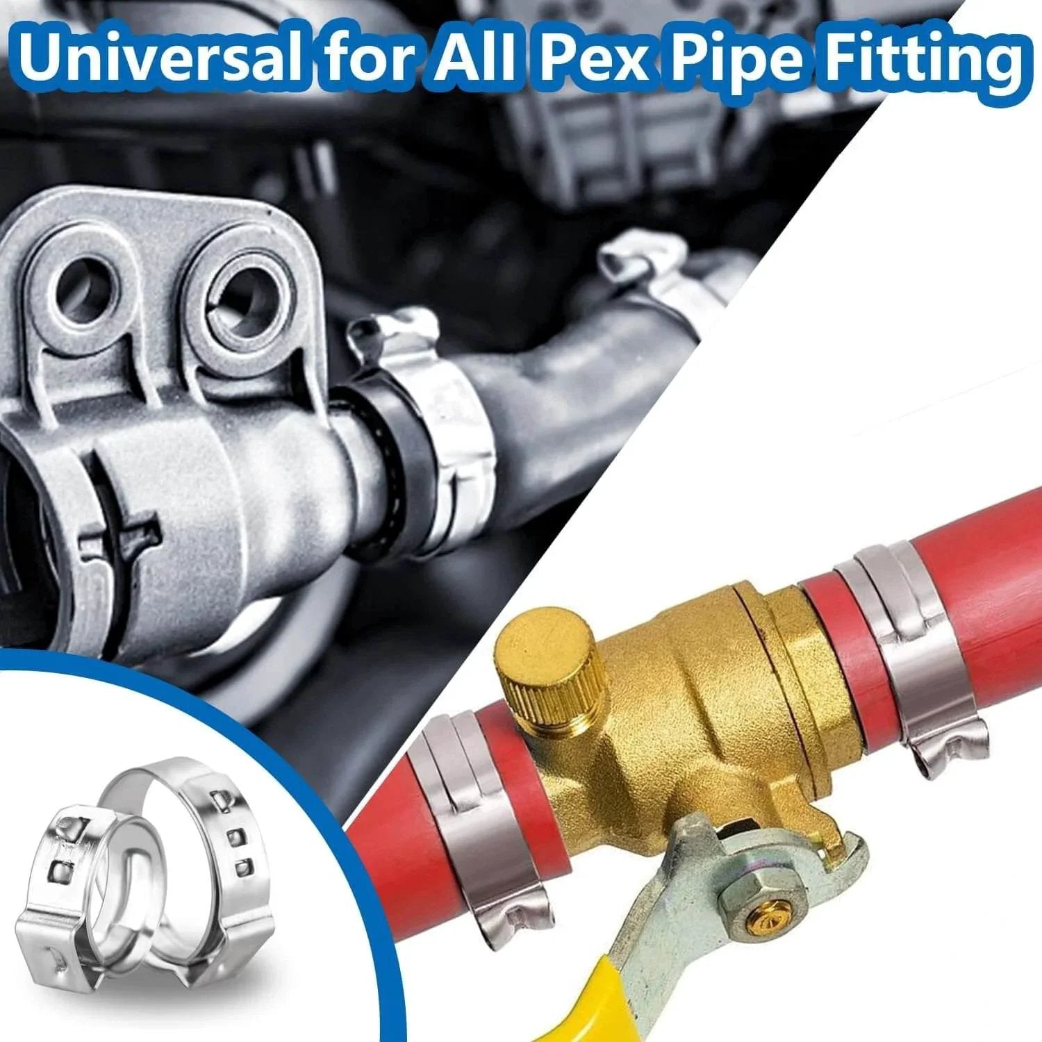 62 Piece 7 Size 304 Stainless Steel Single Ear Hose Clamps crimped on water and fuel lines, showing durability and corrosion resistance.
