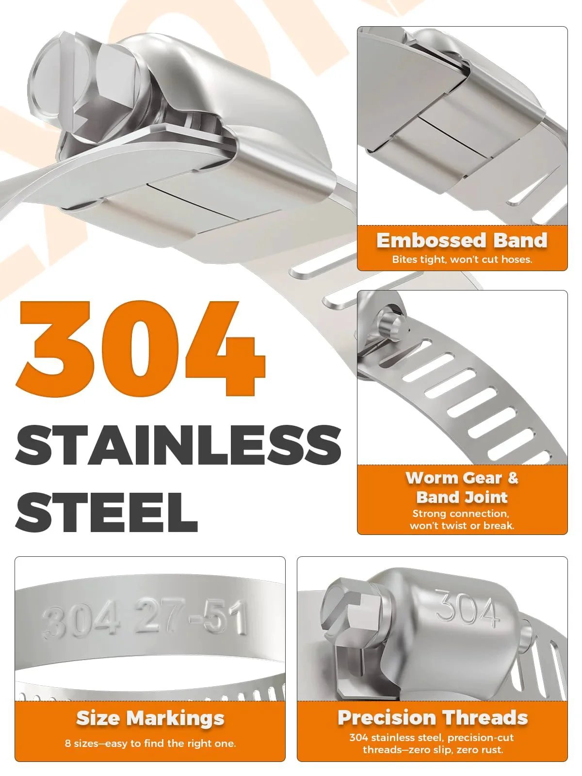 Close-up of 200 Piece Hose Clamp Kit Assortment In Heavy Duty 304 Stainless Steel Worm Gear Clamps with size markings.