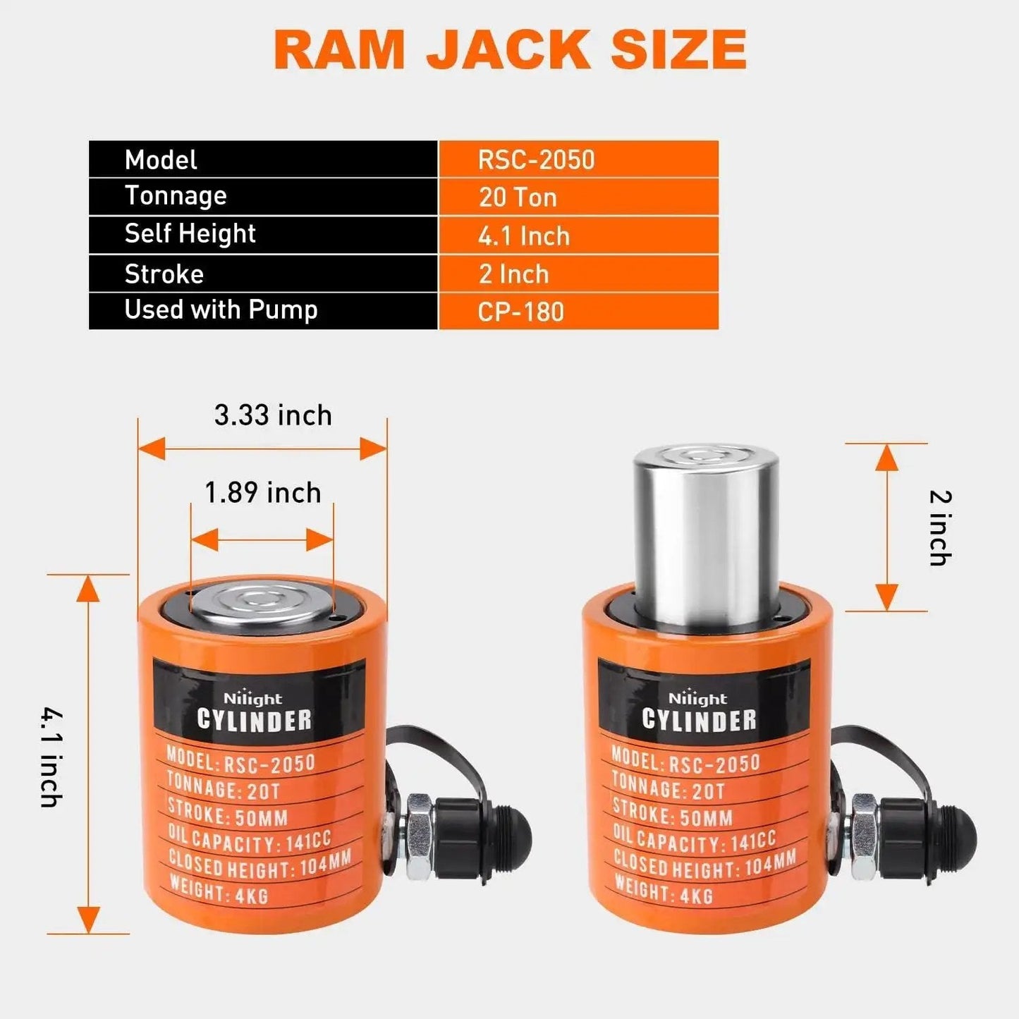 20 Ton Hydraulic Porta Power Kit With Manual Pump 2 Inch Stroke Orange, dual ram jack, model RSC-2050 specifications.