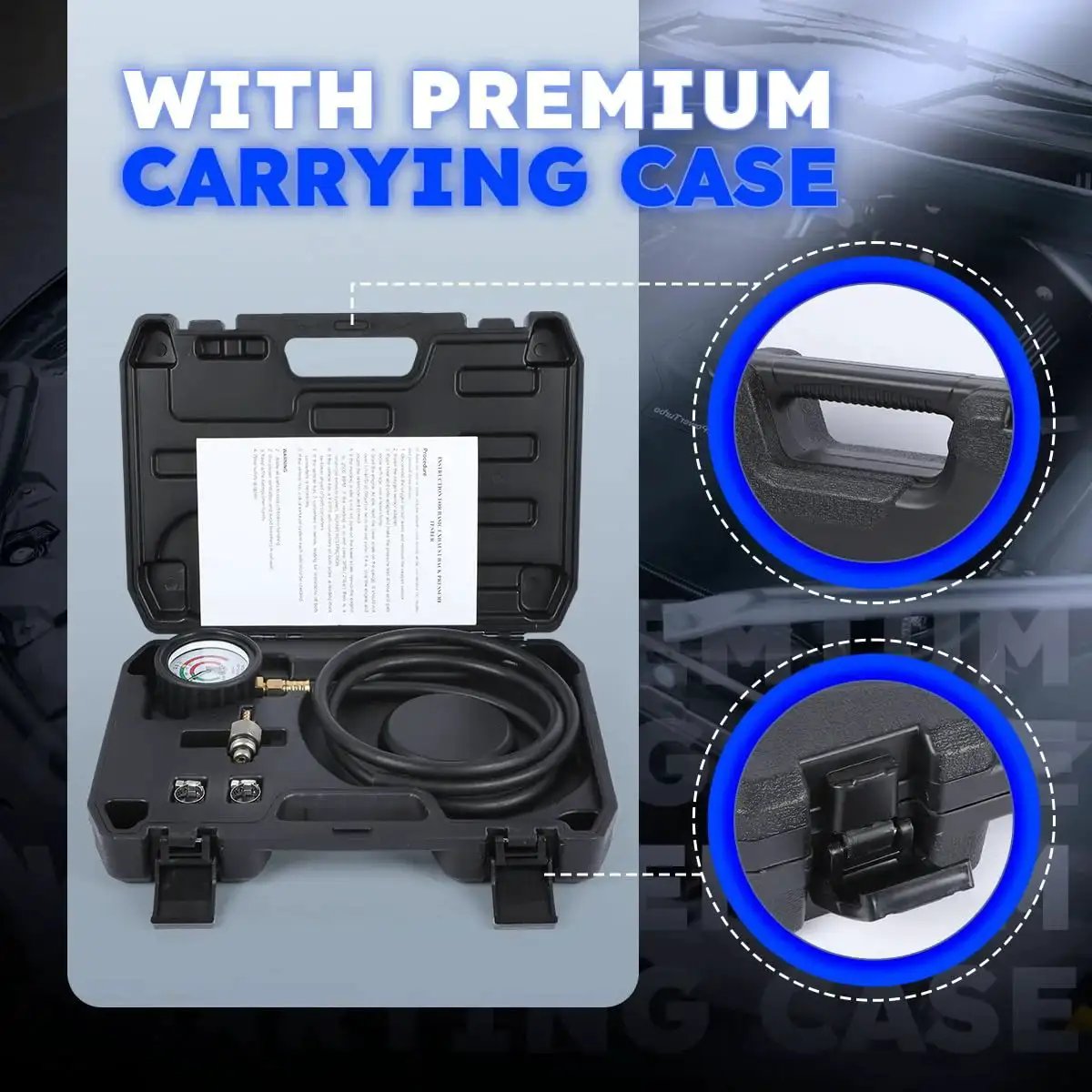 Back Pressure Exhaust Tester Kit With Carrying Case And 6 Foot Hose, open case showing gauge and hose highlights