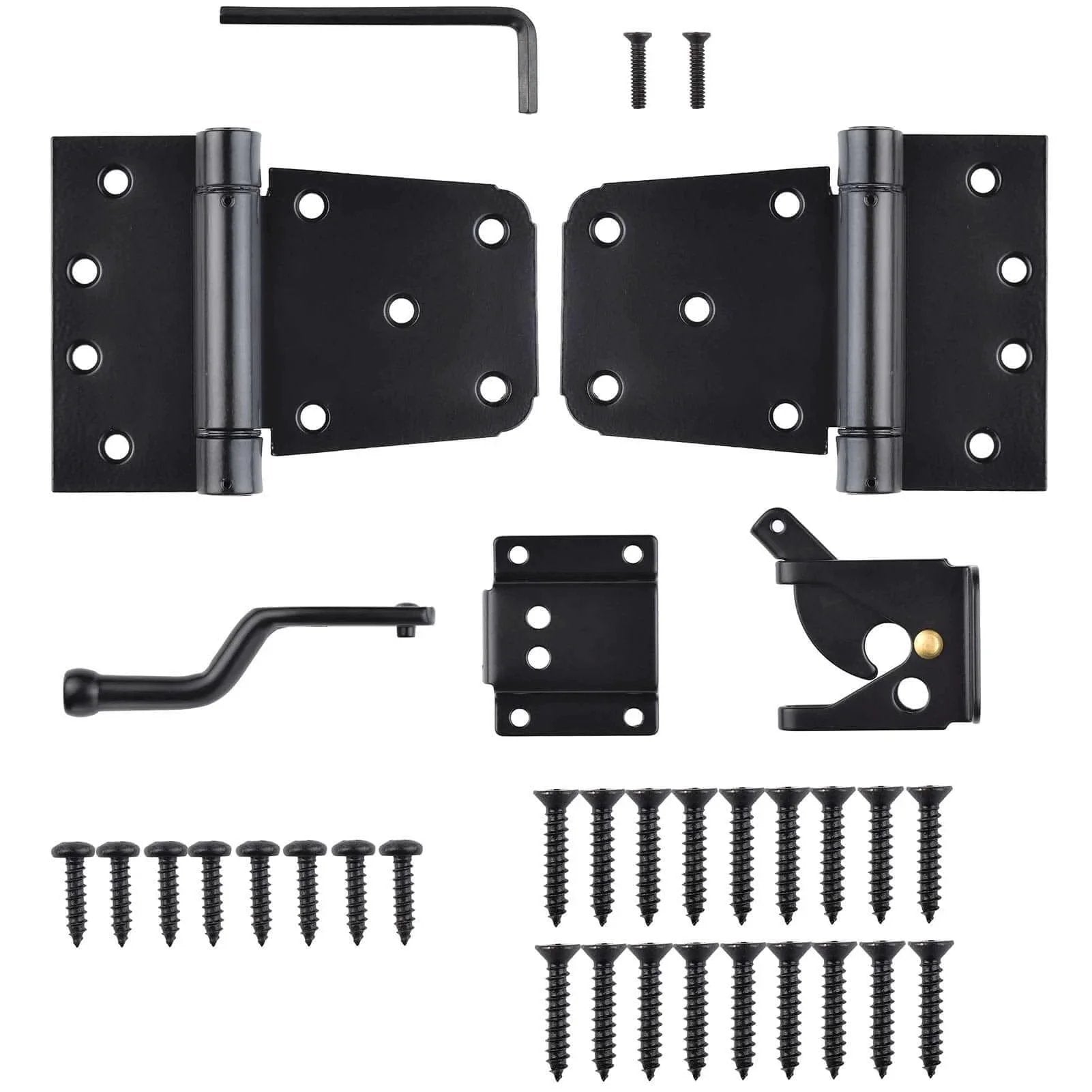Components of Self Closing Gate Hardware Kit With Self Locking Gate Latch And Two Pack 3.5 Inch Heavy Duty Adjustable Spring Hinges In Black