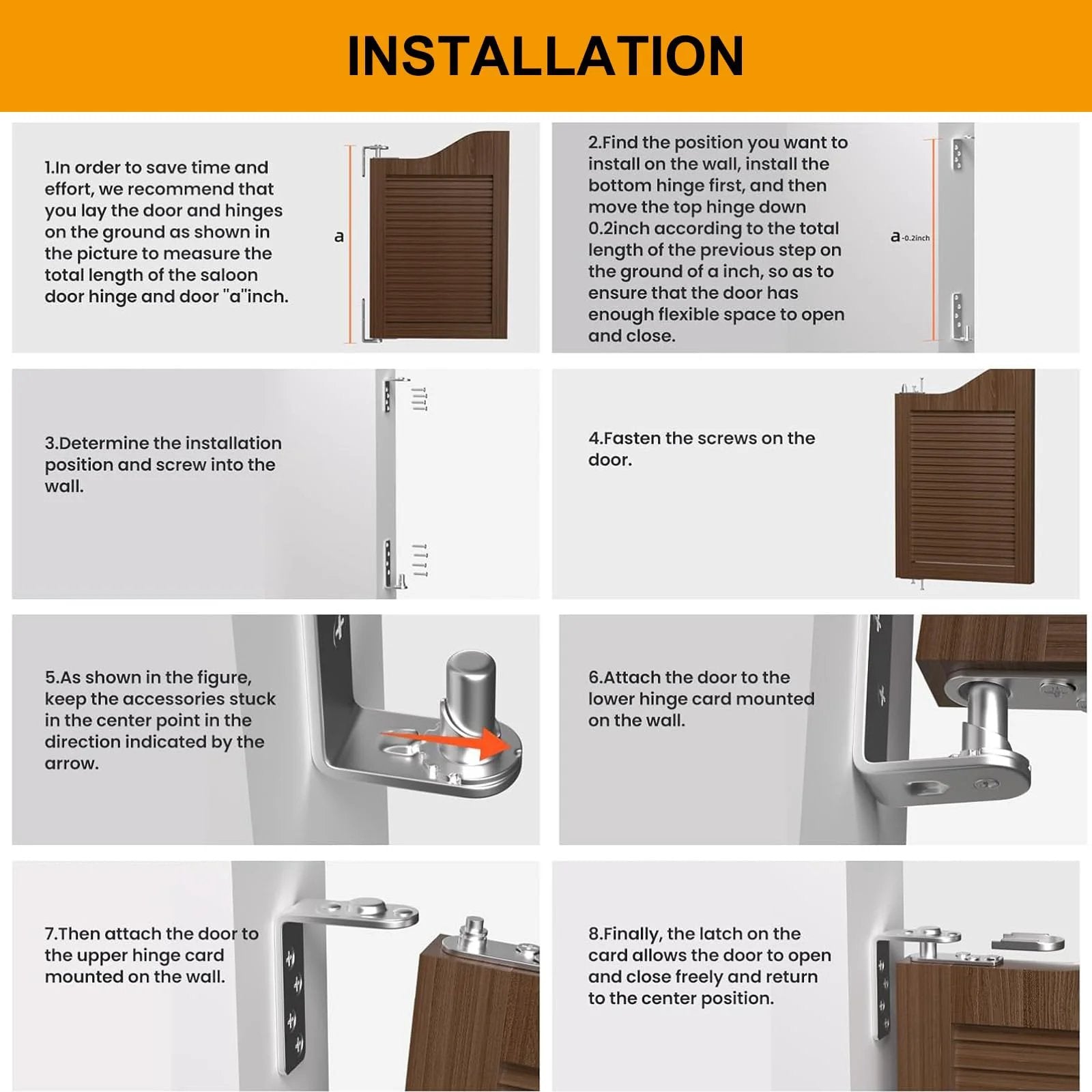 Installation guide for Self Return Double Swing Saloon Door Hinges For Cafe Doors 304 Stainless Steel Hardware showing steps.