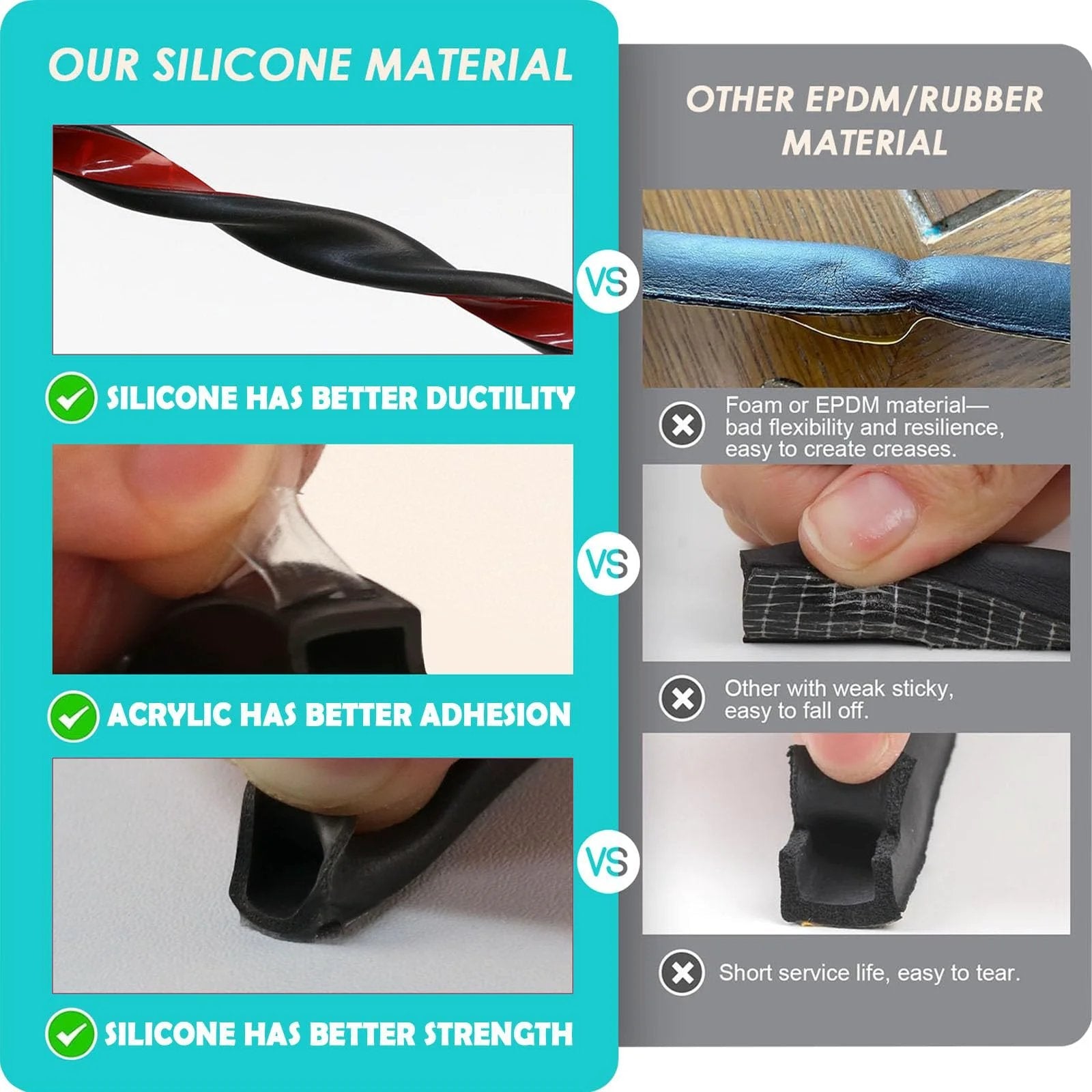 Comparison of silicone and EPDM materials, showing silicone's ductility, adhesion, and strength versus EPDM's weaknesses.