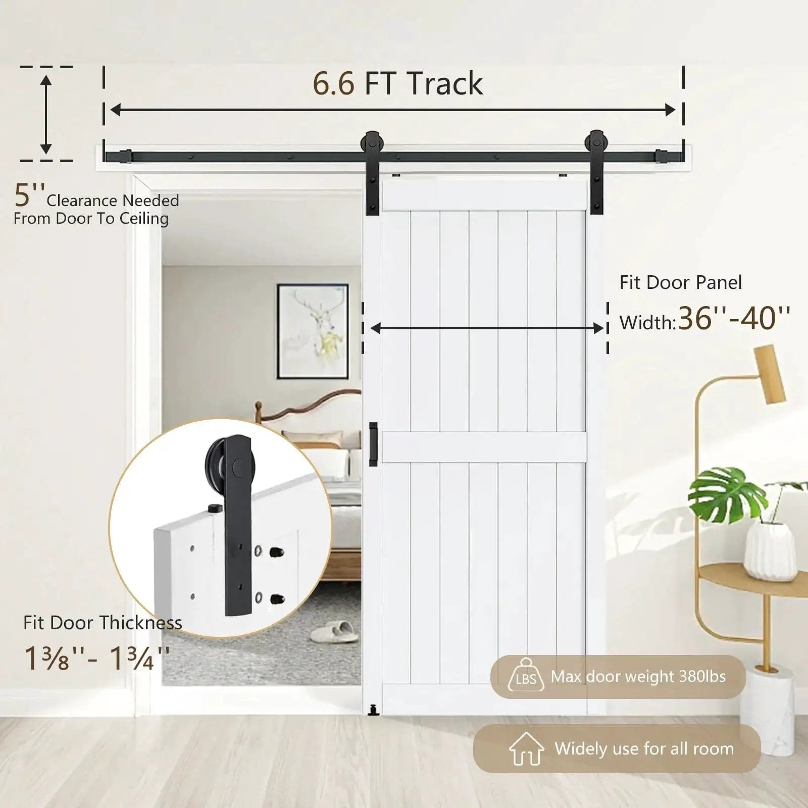 Sliding Barn Door Hardware Kit 6.6 Ft Heavy Duty for Smooth Quiet Operation shown installed over white door
