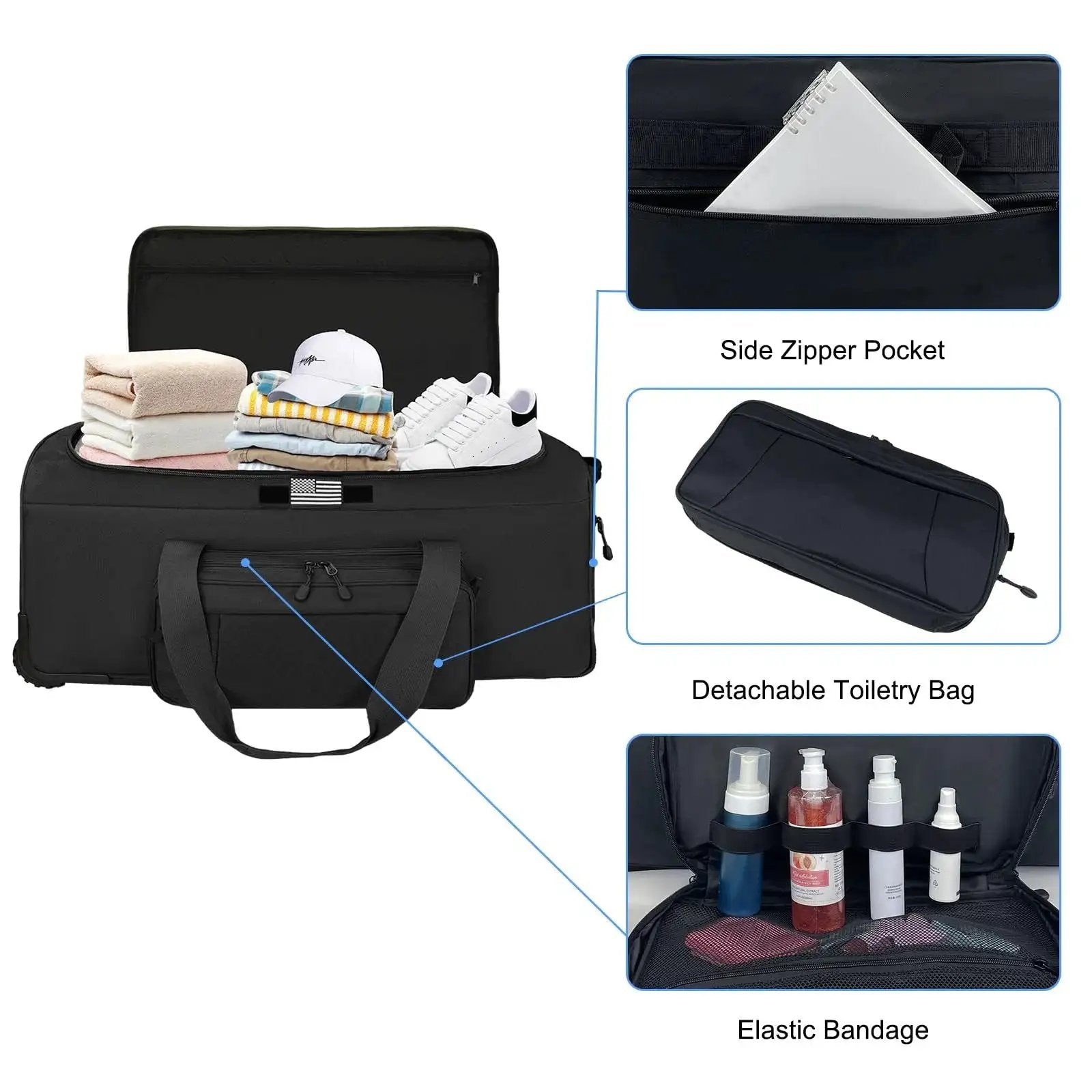 Rugged 120L Rolling Duffle Bag with Wheels for Travel and Camping with open top showing packed clothes, detachable toiletry bag, and compartments.