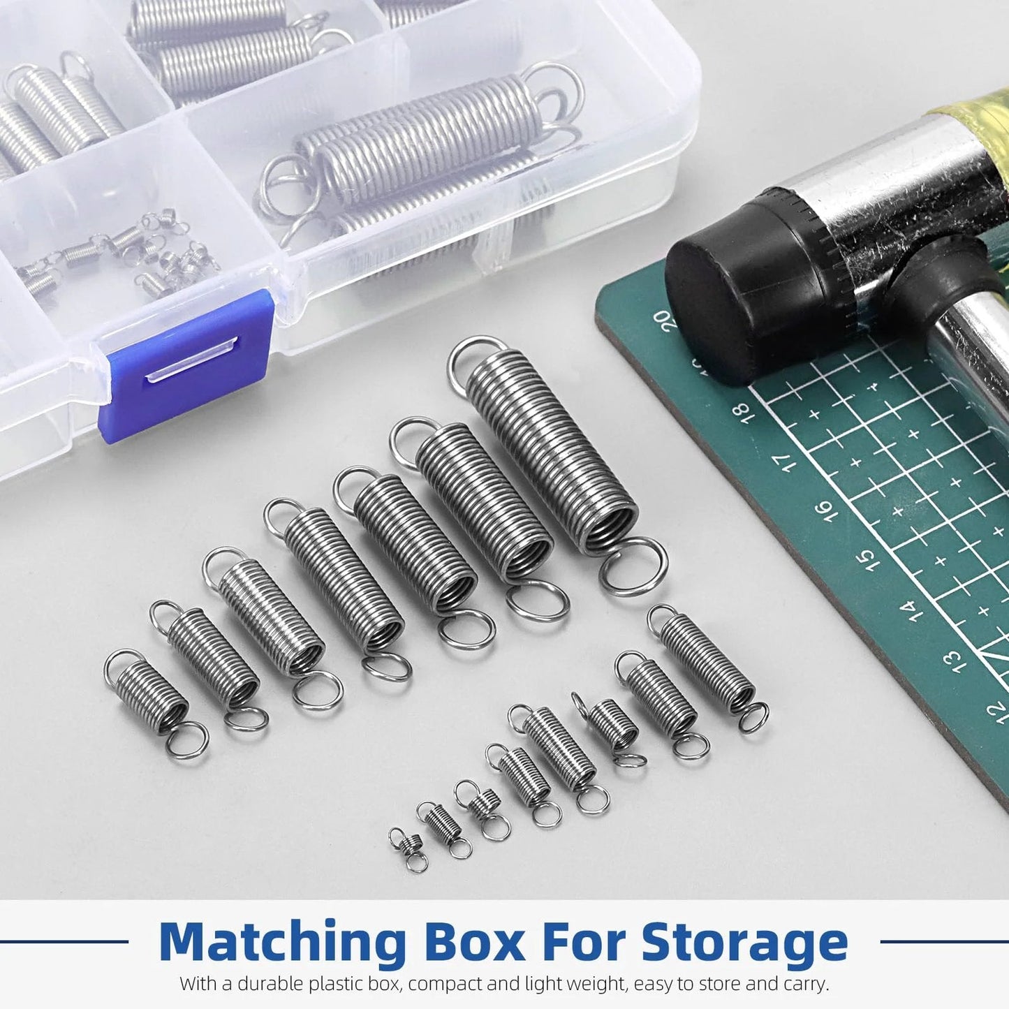 Stainless Steel Extension Springs Set With Double Hooks 96 Piece Assortment In 15 Sizes for machinery, construction, industrial use.