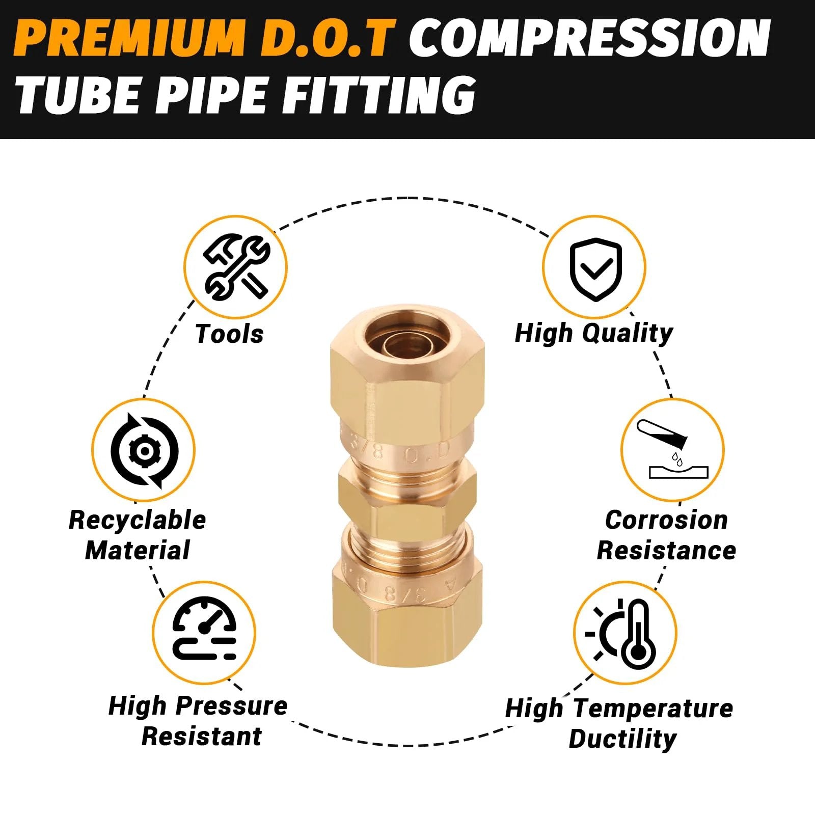 Pro Grade DOT Brass Compression Straight Union Fittings For 3 Eighths Inch Nylon Tubing Air Lines Pack Of Four Ideal For Pneumatic Systems
