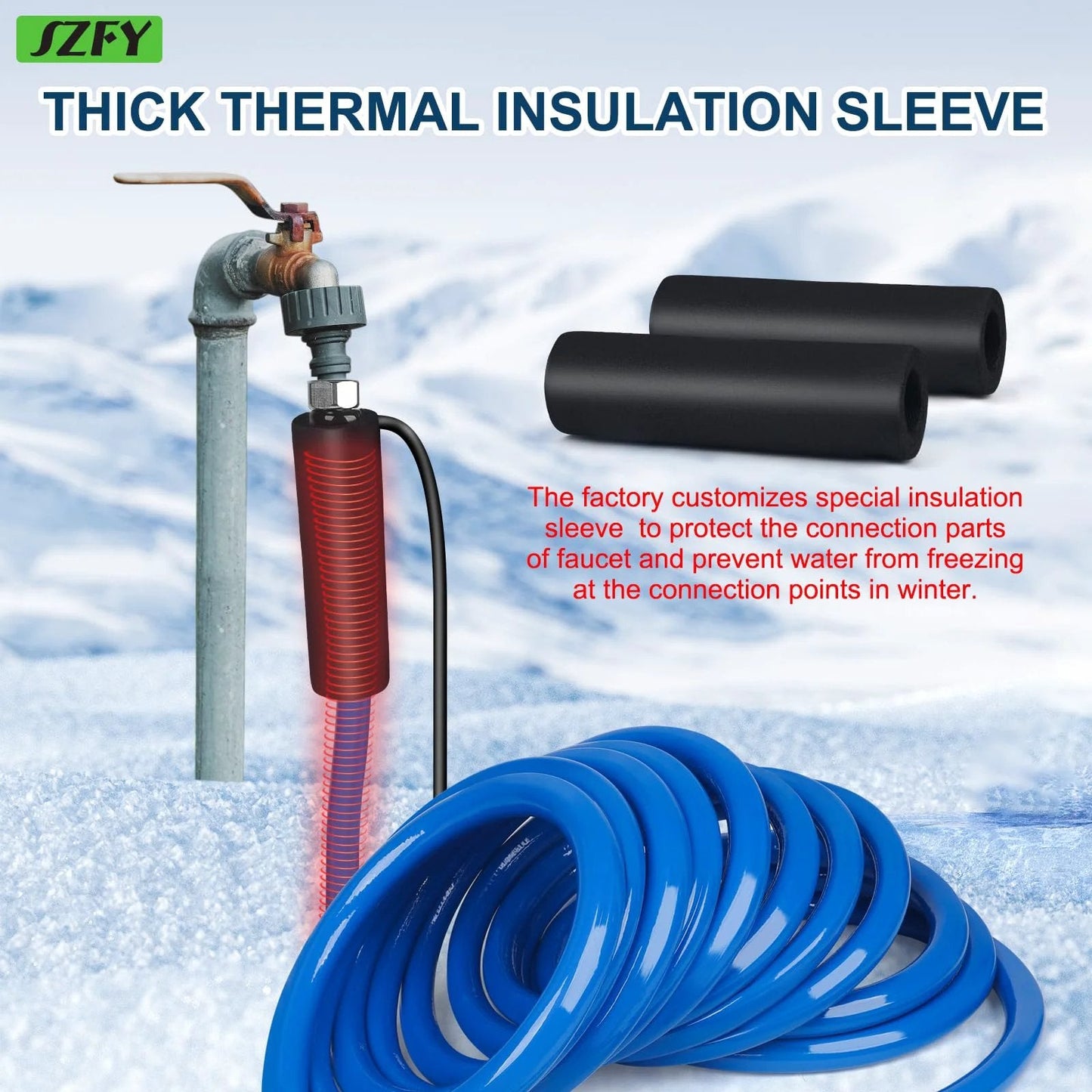 Heavy Duty 50 Foot Heated Water Hose for RVs and Campers with One Half Inch Inner Diameter Freeze Protection Down To Minus Forty Fahrenheit Ideal for Garden Farm and Home Use When Temperatures Drop shown with faucet insulation and blue coiled design, -40°F freeze protection sleeve visible.