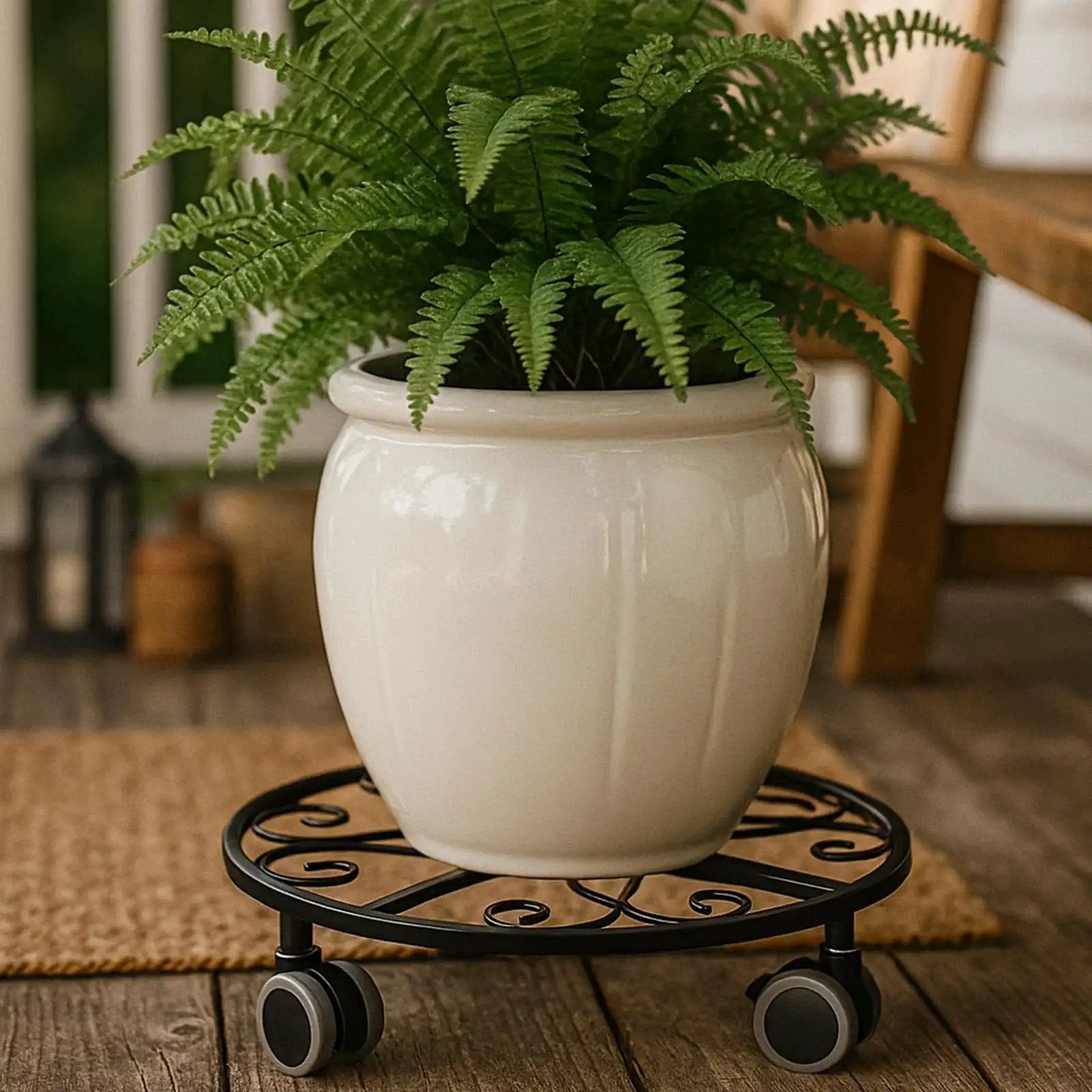 Three Pack Heavy Duty Plant Caddies With Wheels 11.8 Inch Metal Plant Dollies Rolling Stands With Sturdy Casters holding a planter