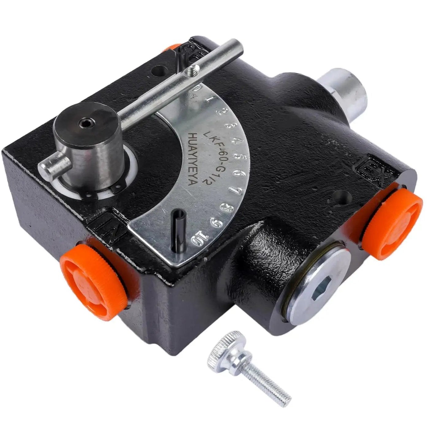Hydraulic Adjustable Flow Control Valve With Relief For One Half Inch NPT, 30 GPM, 500 To 3000 PSI, front view with scale
