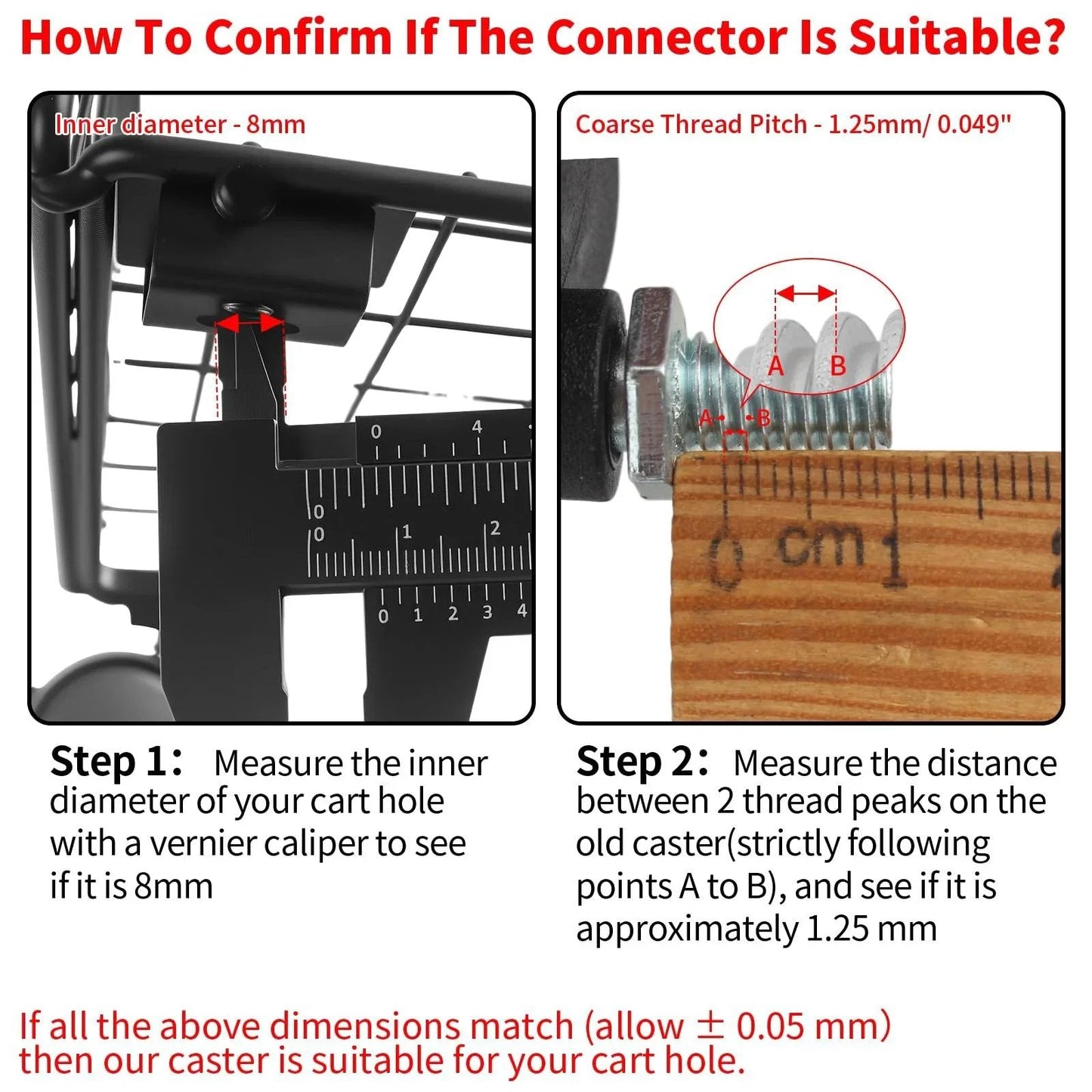 Instructions to confirm suitable connector size for M8x125 Threaded Stem One Point Five Inch Nylon Swivel Caster Wheels With Brake.
