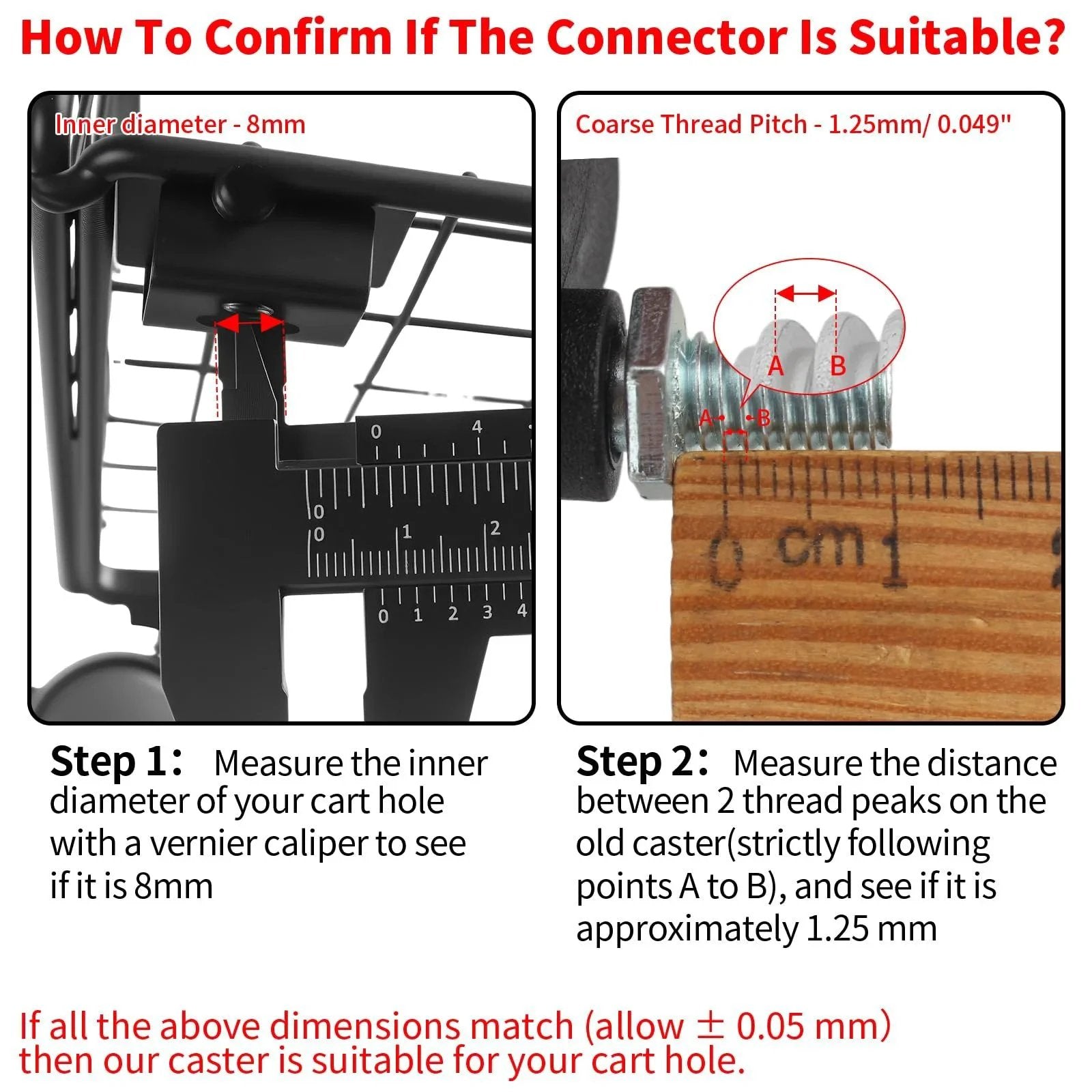 Instructions to confirm suitable connector size for M8x125 Threaded Stem One Point Five Inch Nylon Swivel Caster Wheels With Brake.