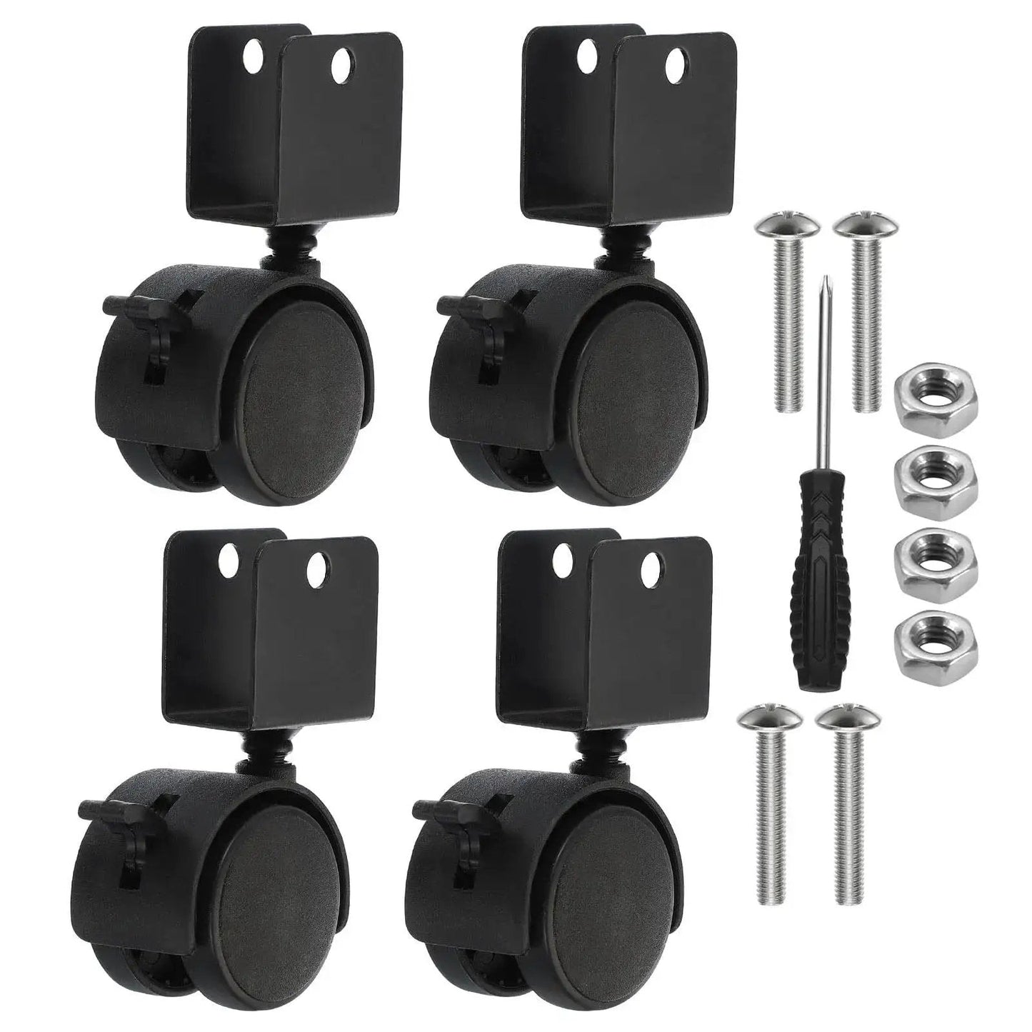 2 Inch Swivel Caster With Brake For Furniture Legs Four Pack 360 Degree Rotation Quiet Wheel U Bracket 1 Inch Inner Width 50mm Diameter Supports Total Load Up To 132 Lbs With 44 Lbs Per Caster shown with installation tools and screws
