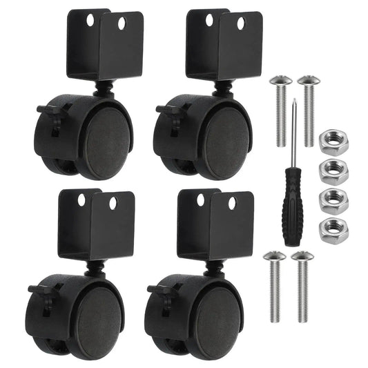 2 Inch Swivel Caster With Brake For Furniture Legs Four Pack 360 Degree Rotation Quiet Wheel U Bracket 1 Inch Inner Width 50mm Diameter Supports Total Load Up To 132 Lbs With 44 Lbs Per Caster shown with installation tools and screws
