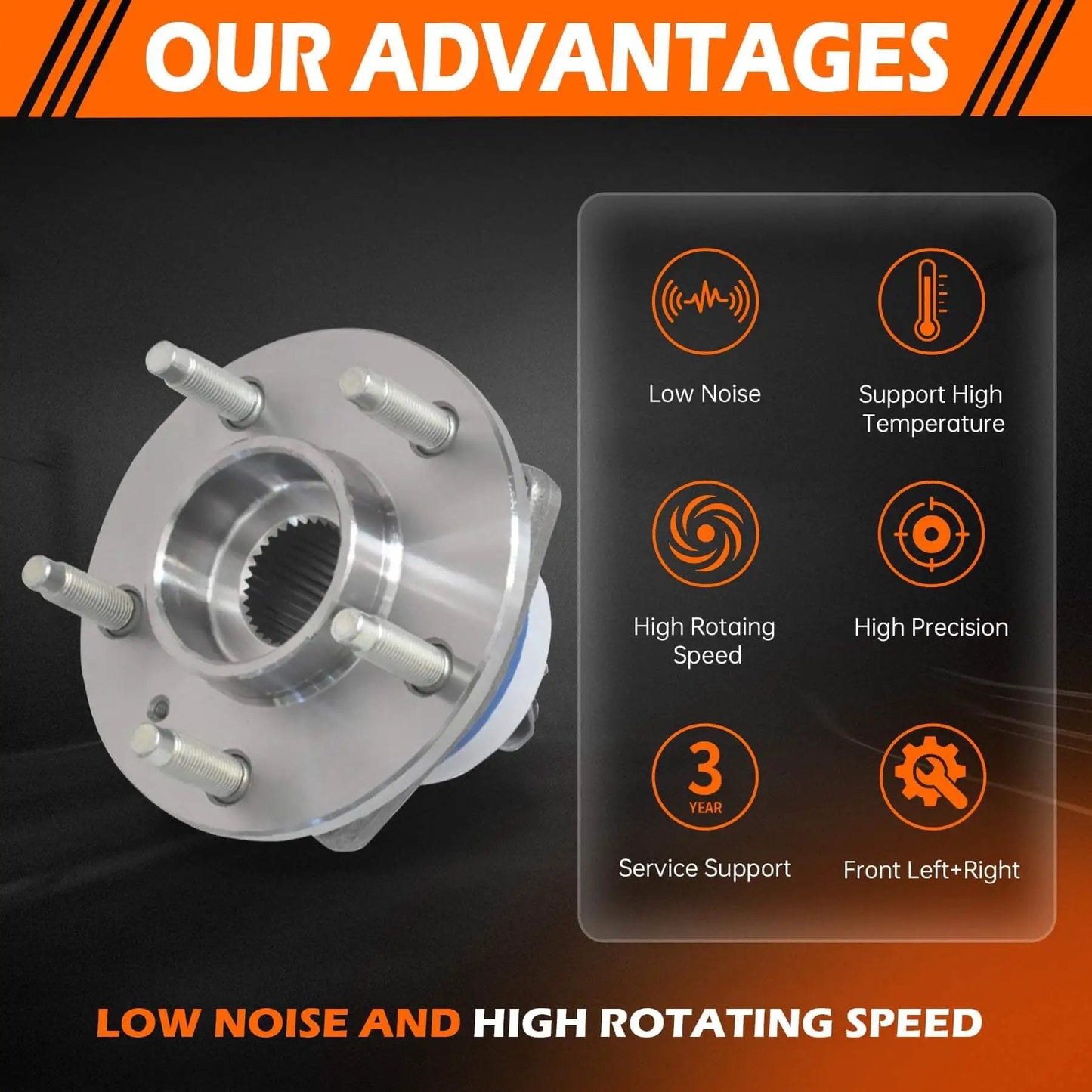 Front Wheel Hub Bearing Assembly 513179 advantages infographic, 5-lug ABS fit, Chevy Impala, Venture, Buick, Cadillac, Oldsmobile, Pontiac, Saturn
