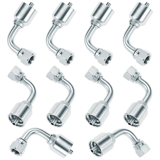 10 Pack 1/4 Inch Hydraulic Fittings Set QWORK 1/4 Inch JIC 37 Degree Female 90 Degree Swivel Crimp Fittings, silver metal construction.
