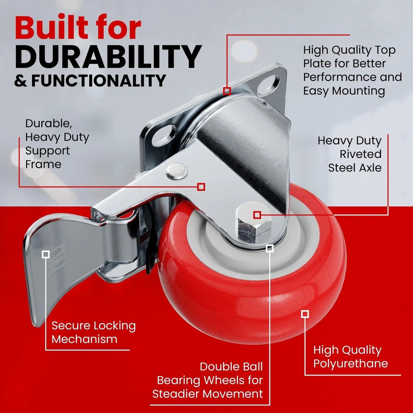 Close-up of Four Pack Swivel Plate Caster Wheels With Brakes In Red Polyurethane, highlighted features like steel axle and locking mechanism.