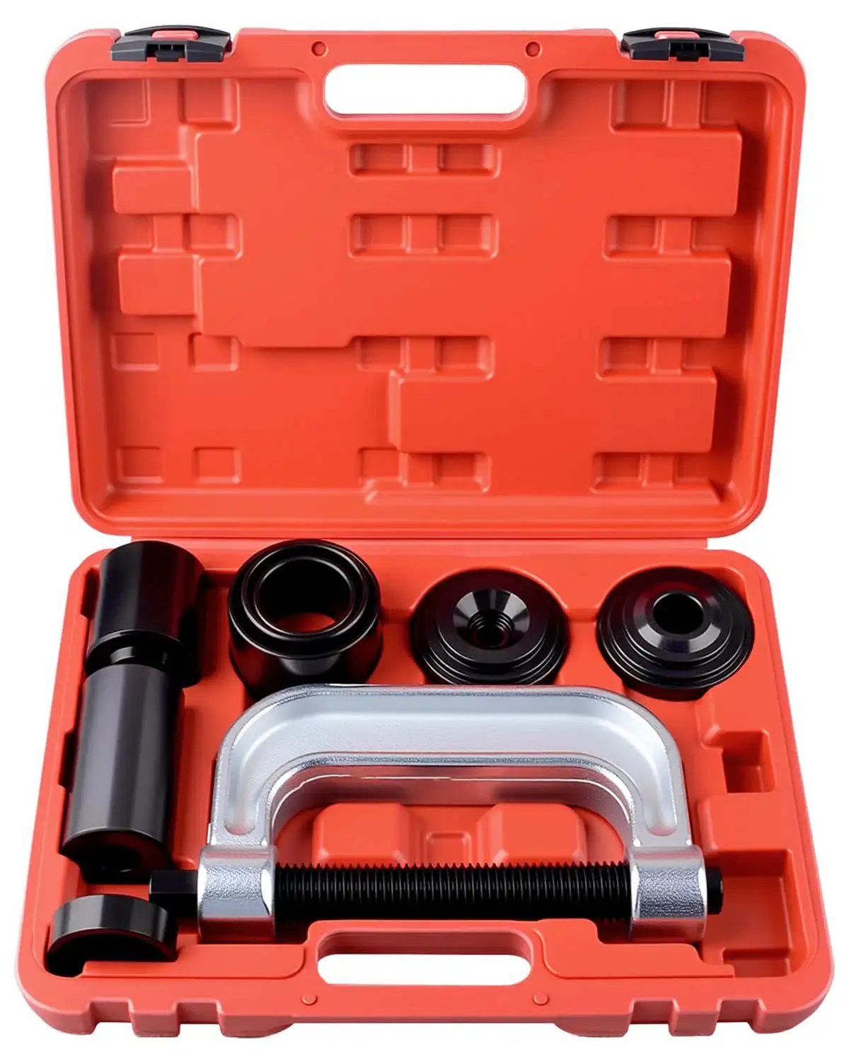 Open red case showing Ball Joint Press And U Joint Removal Kit With 4x4 Adapters For Most 2WD And 4WD, including C-frame and adapters.