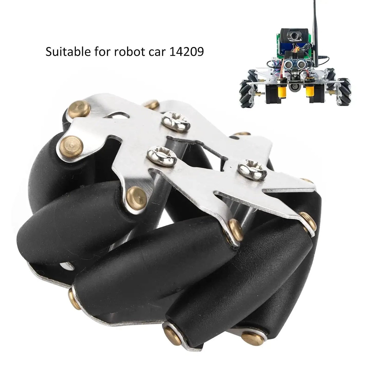 Close-up of 48mm steel Mecanum wheel with TPR rollers, showing omni-directional design, suitable for robot car 14209