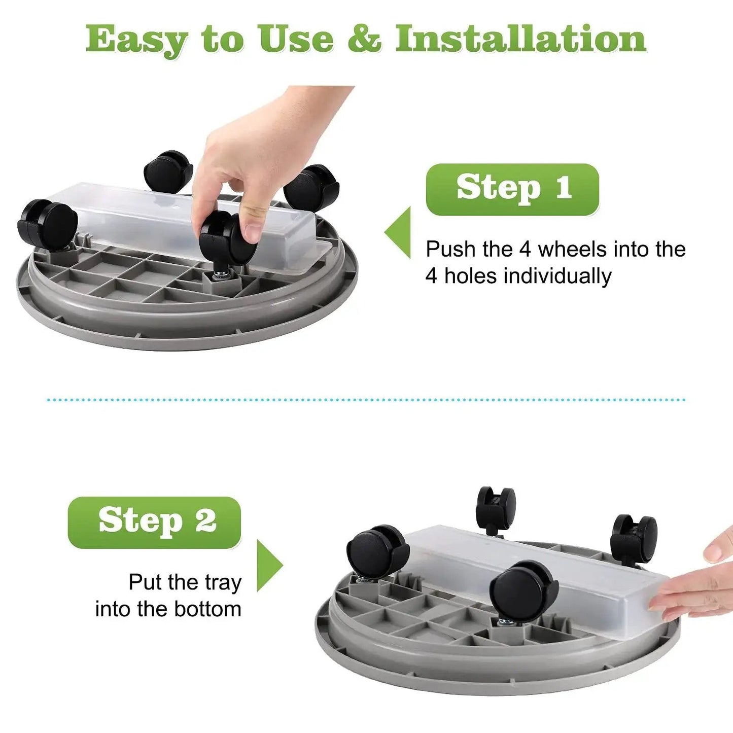 Installation steps for Rolling Plant Caddy With Drainage Tray Set Of 3 For Heavy Duty Planters 13 Inch Diameter with caster wheels