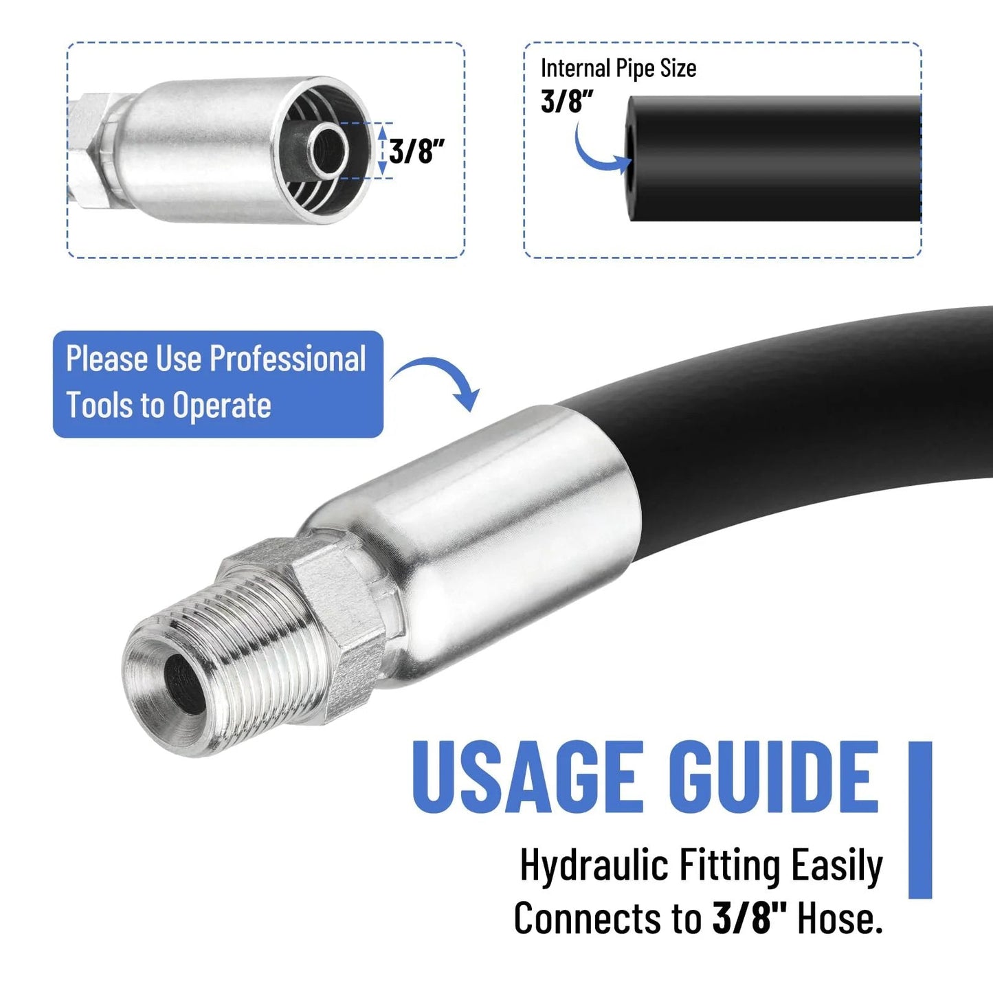 Twelve Pack Hydraulic Hose Fittings Set By Racewill For Three Eighths Inch Inner Diameter Hose With Three Eighths Inch NPTF Male Threads And Protective Covers Crimp Fitting Kit Compatible With Weatherhead Eaton Dayco U Series, close-up view showing connection to 3/8 inch hose