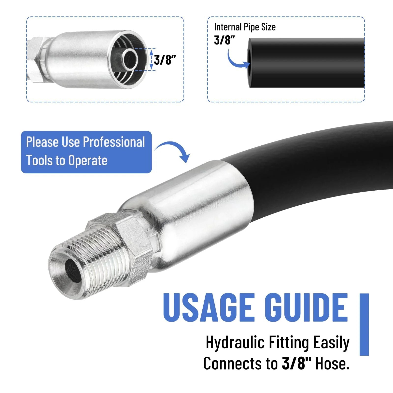 Twelve Pack Hydraulic Hose Fittings Set By Racewill For Three Eighths Inch Inner Diameter Hose With Three Eighths Inch NPTF Male Threads And Protective Covers Crimp Fitting Kit Compatible With Weatherhead Eaton Dayco U Series, close-up view showing connection to 3/8 inch hose