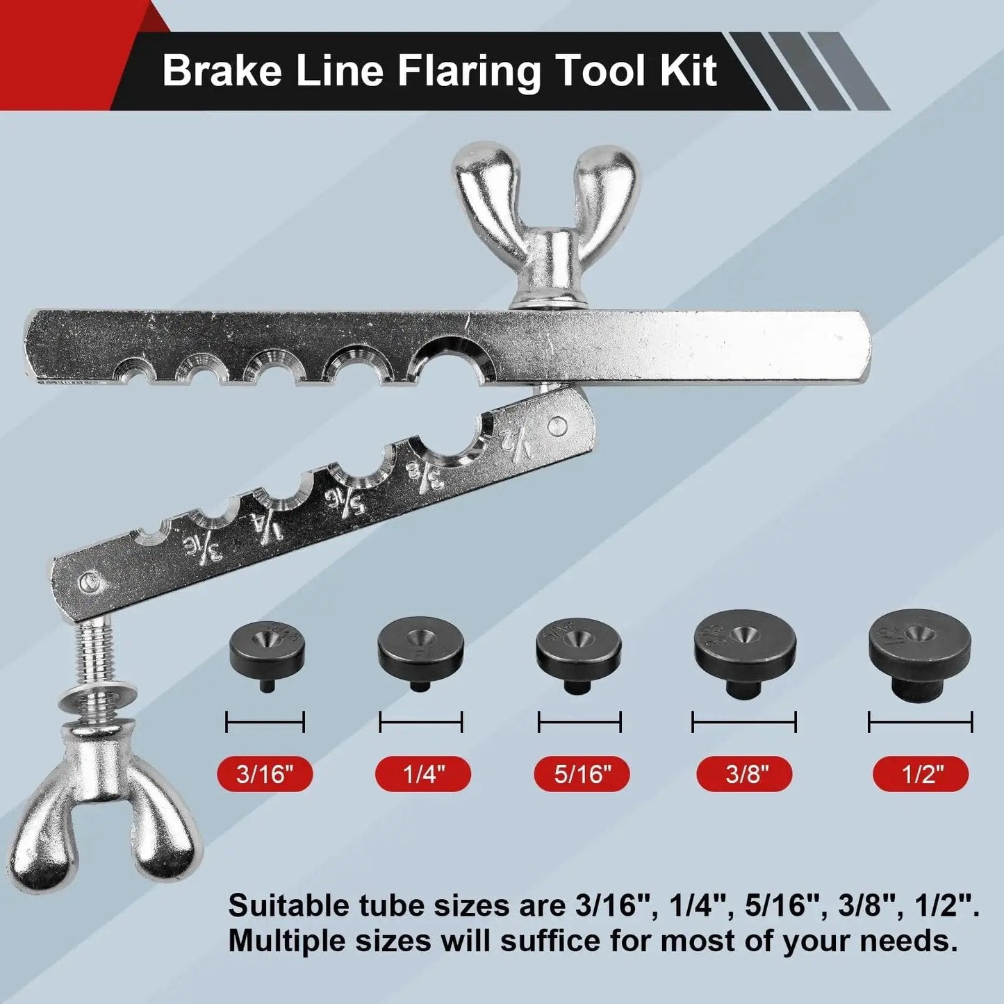 Brake Line Flare Tool Kit With Tubing Cutter And 5 Adapters For Copper Tubing, showing different sizing adapters and flare bar