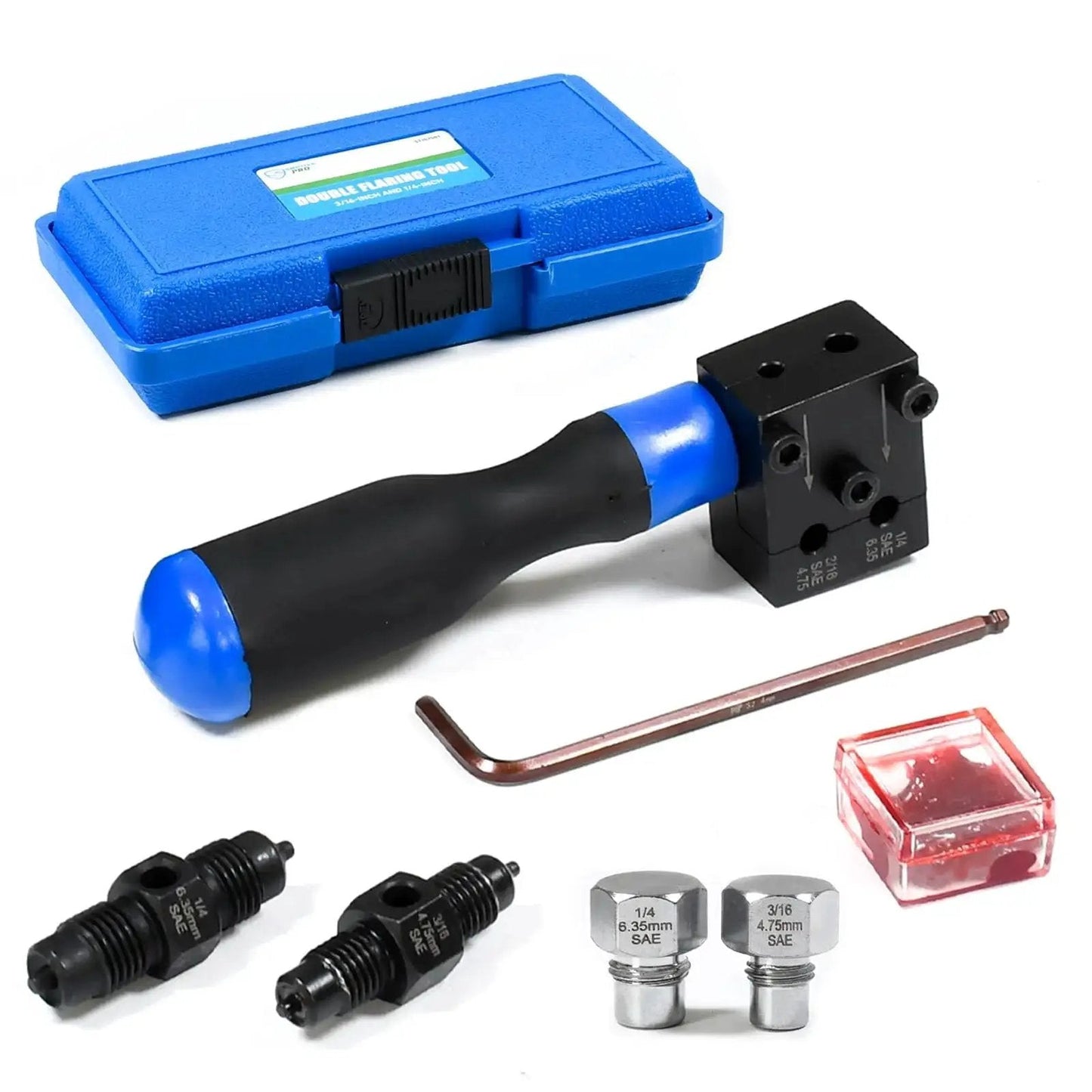 Brake Line Flaring Kit For Sixteenth And Quarter Inch SAE Double Flare with tools and adapters shown