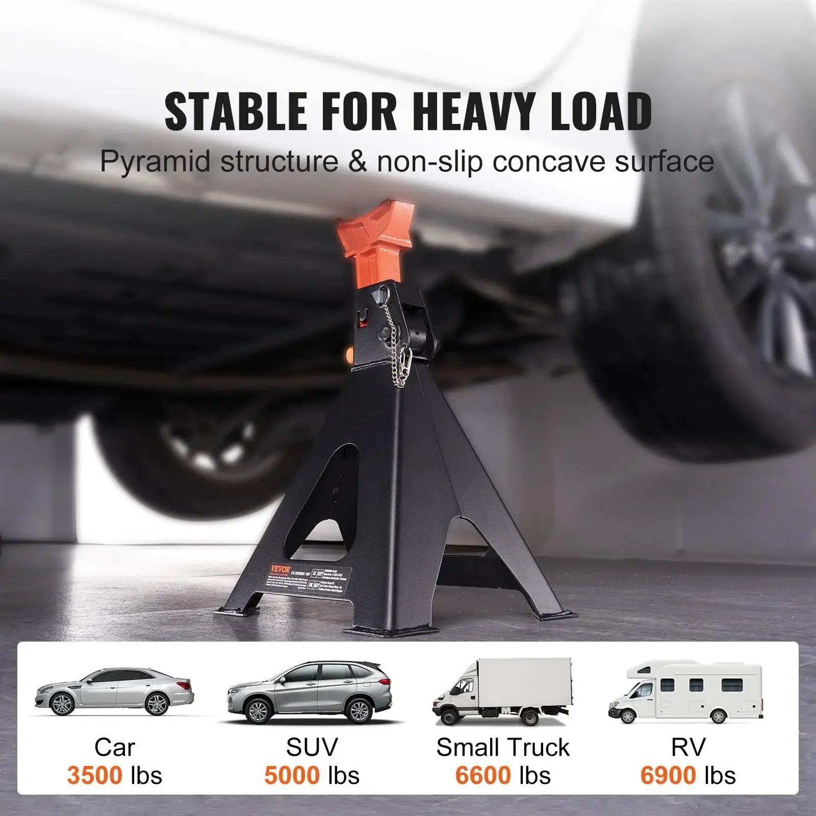 6 Ton Jack Stands With Double Locking Adjustable 14.2 To 23 Inches For SUV UTV under vehicle in garage