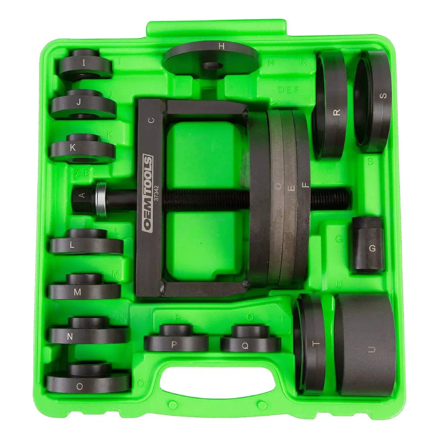 Master Wheel Bearing Removal Tool And Installer Kit with self-centering design in green case, tools for on-vehicle use.