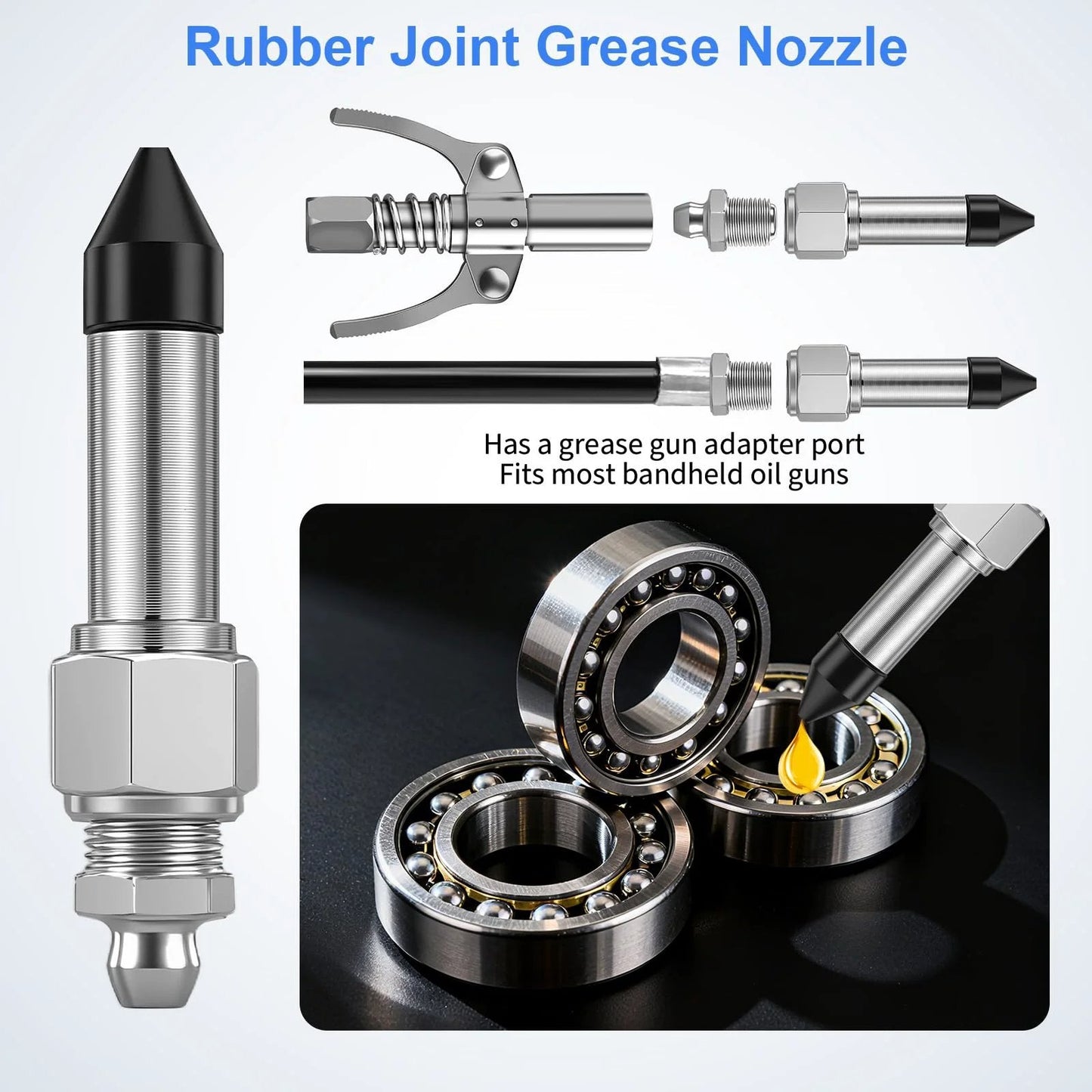 Must Have Pro Grade Grease Gun Needle Tips Kit With Two Needle Nozzles, One Dispenser, One Rubber Joint Fitting, And Detachable Tip For Narrow Tight Spaces, Durable Steel Construction For Auto, Industrial Machinery And Workshop Maintenance