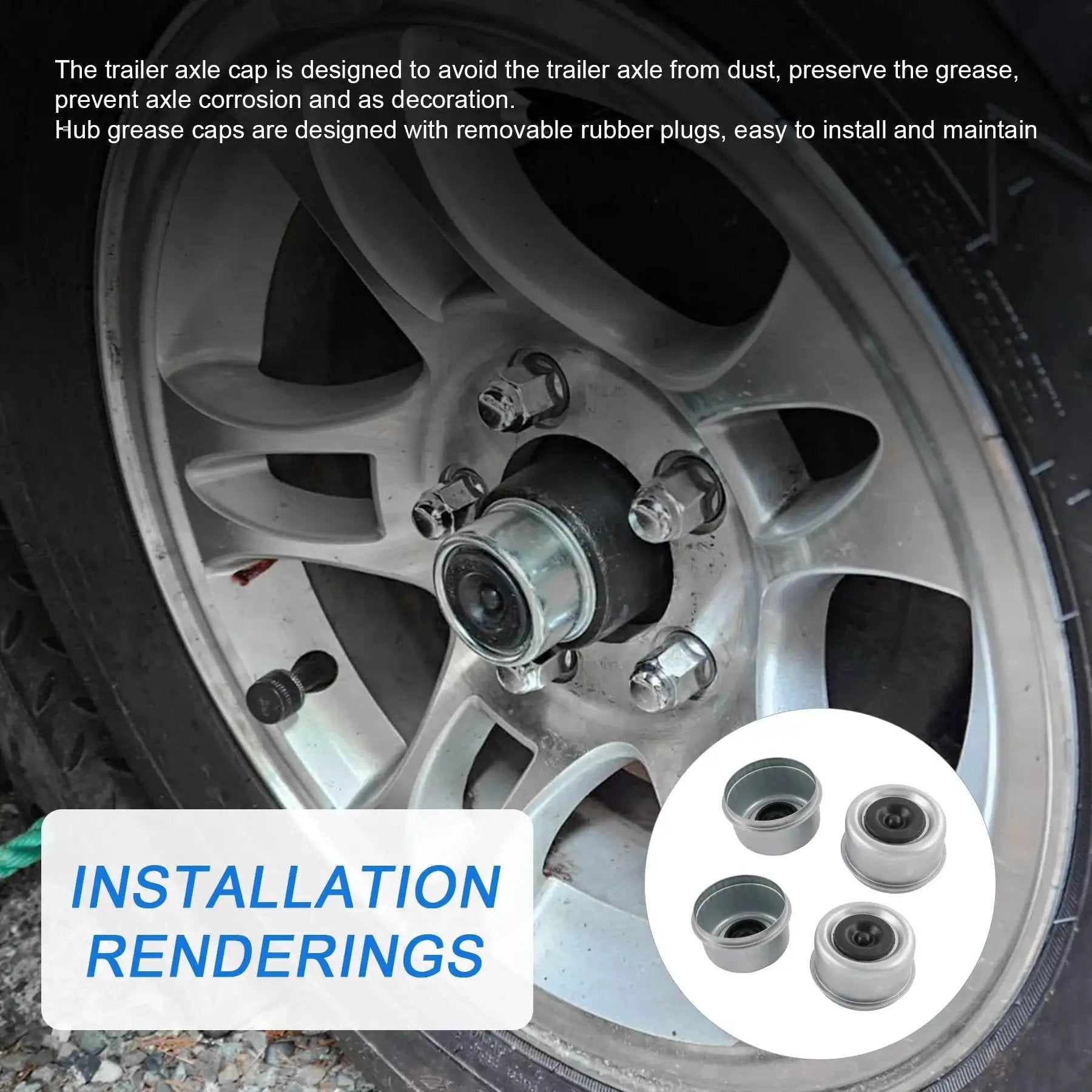 Four Pack 2.46 Inch Trailer Hub Bearing Dust Caps With Extra Rubber Plugs installed on wheel for 5200-6000 lb axles