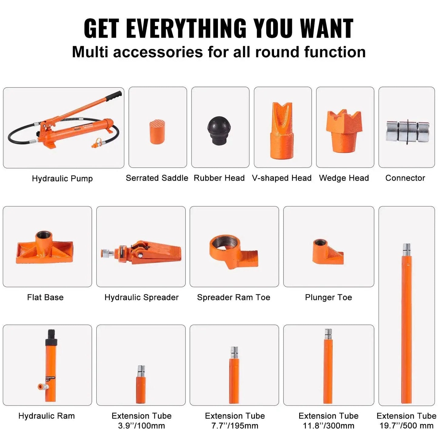 10 Ton Porta Power Hydraulic Kit With Pump 4.6 Ft Hose Bent Frame Repair Tool components labeled, showcasing accessories.